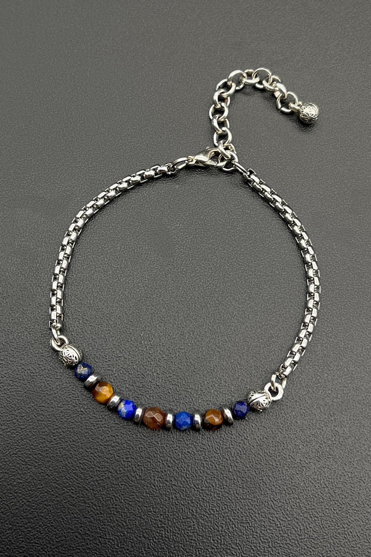 FRNCH 316L Çelik ve Kaplan Gözü/Lapis Doğal Taşlı Çift Renk Erkek Bileklik FRJ11695-1795-LK