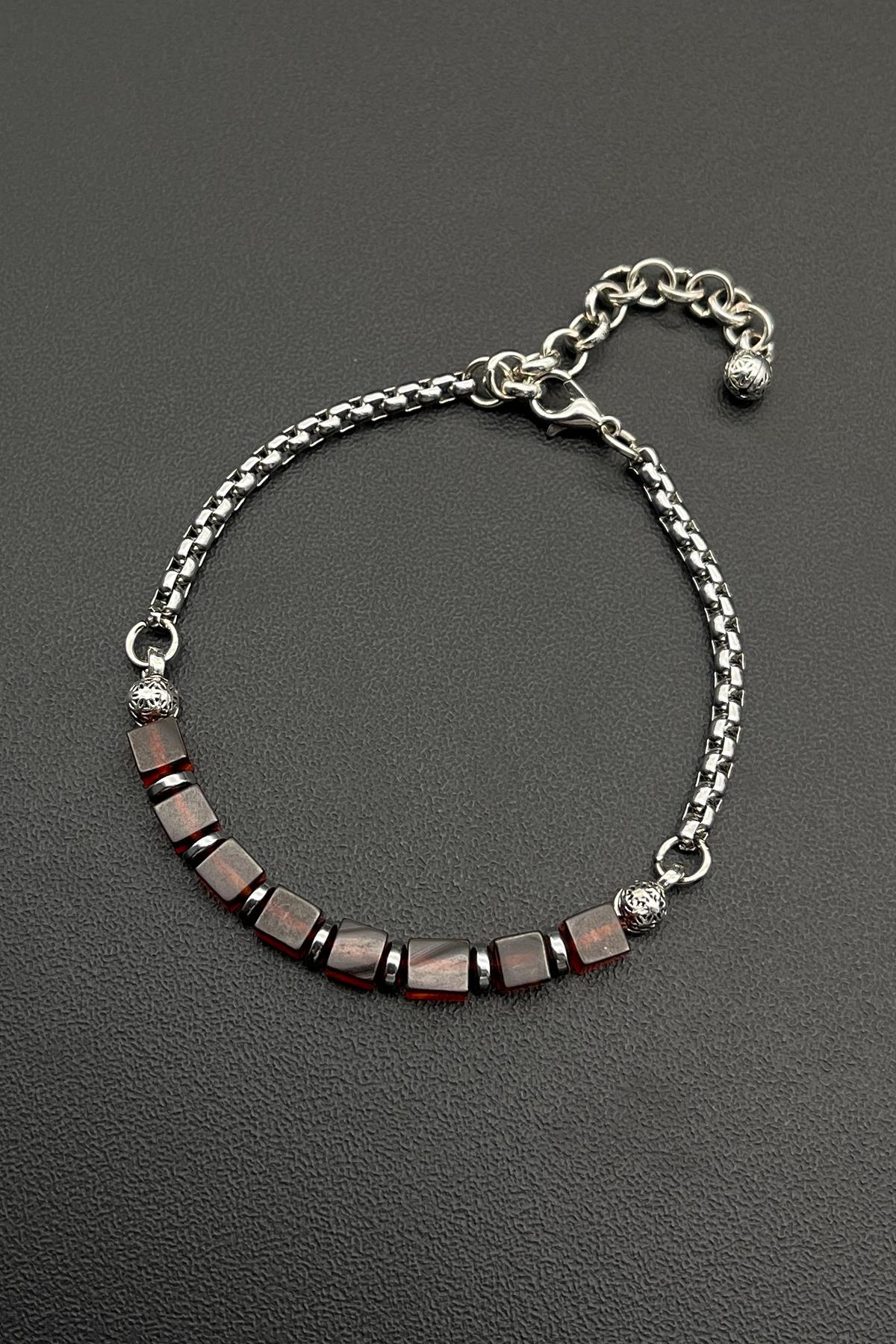 FRNCH 316L Çelik ve Kehribar Taşlı Kahverengi Renkli Ayarlanabilir Erkek Bileklik FRJ11697-1797-K3