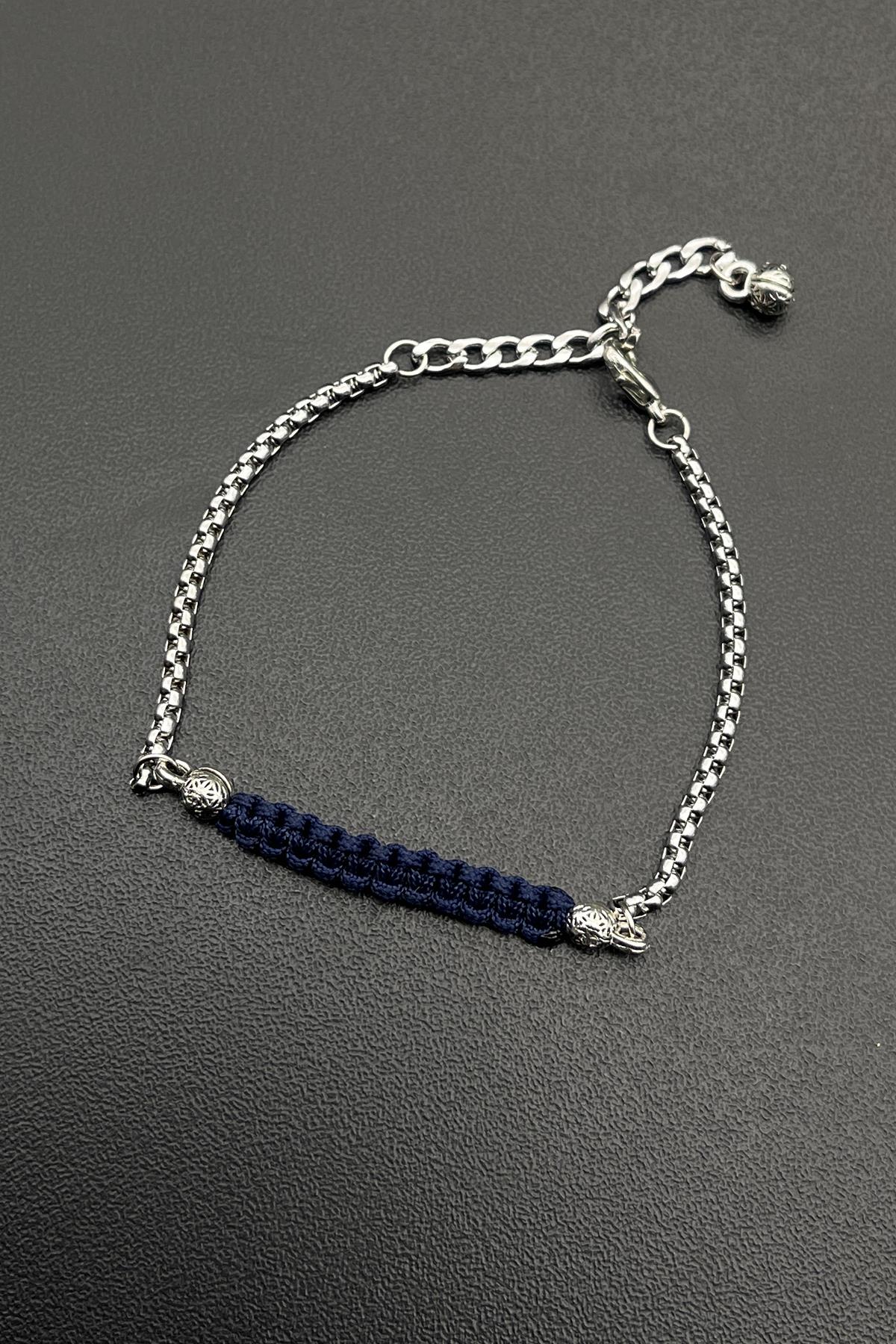 FRNCH 316L Çelik ve Lacivert Renk İpli Ayarlanabilir Erkek Bileklik FRJ11716-1816-L