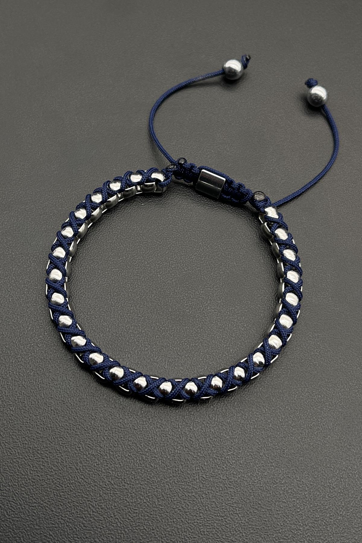 FRNCH 316L Çelik ve Lacivert Renkli Ayarlanabilir Makrome Erkek Bileklik FRJ11691-1791-L