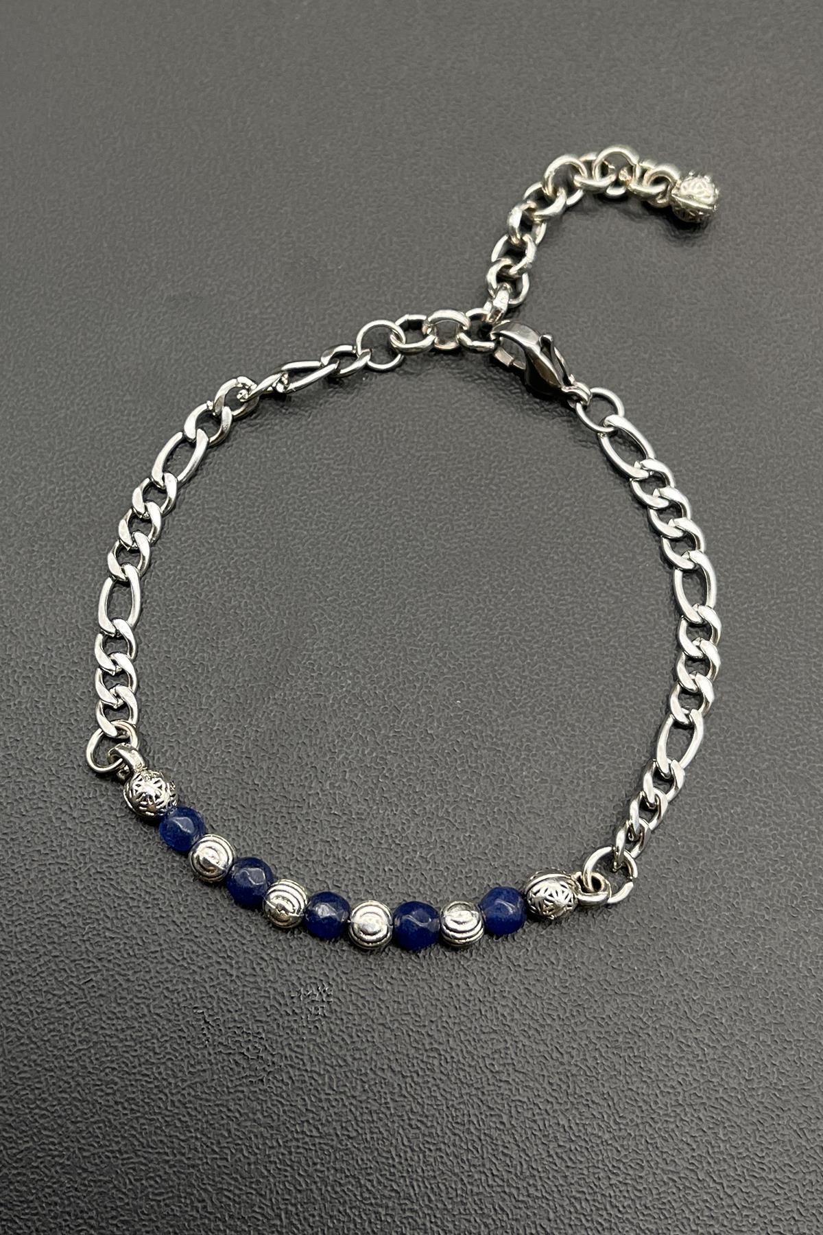 FRNCH 316L Çelik ve Lapis Lazuli Doğal Taşlı Lacivert Renkli Erkek Bileklik FRJ11707-1807-L