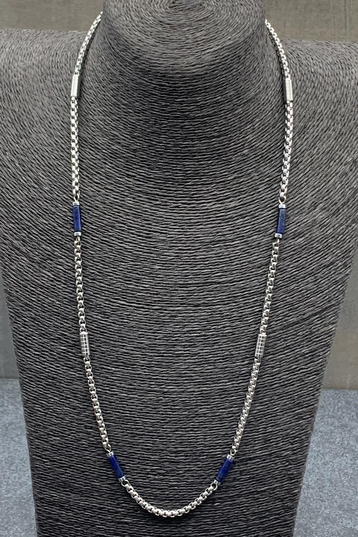FRNCH 316L Çelik ve Lapis Lazuli Doğal Taşlı Lacivert Renkli Erkek Kolye FRJ30472-572-L