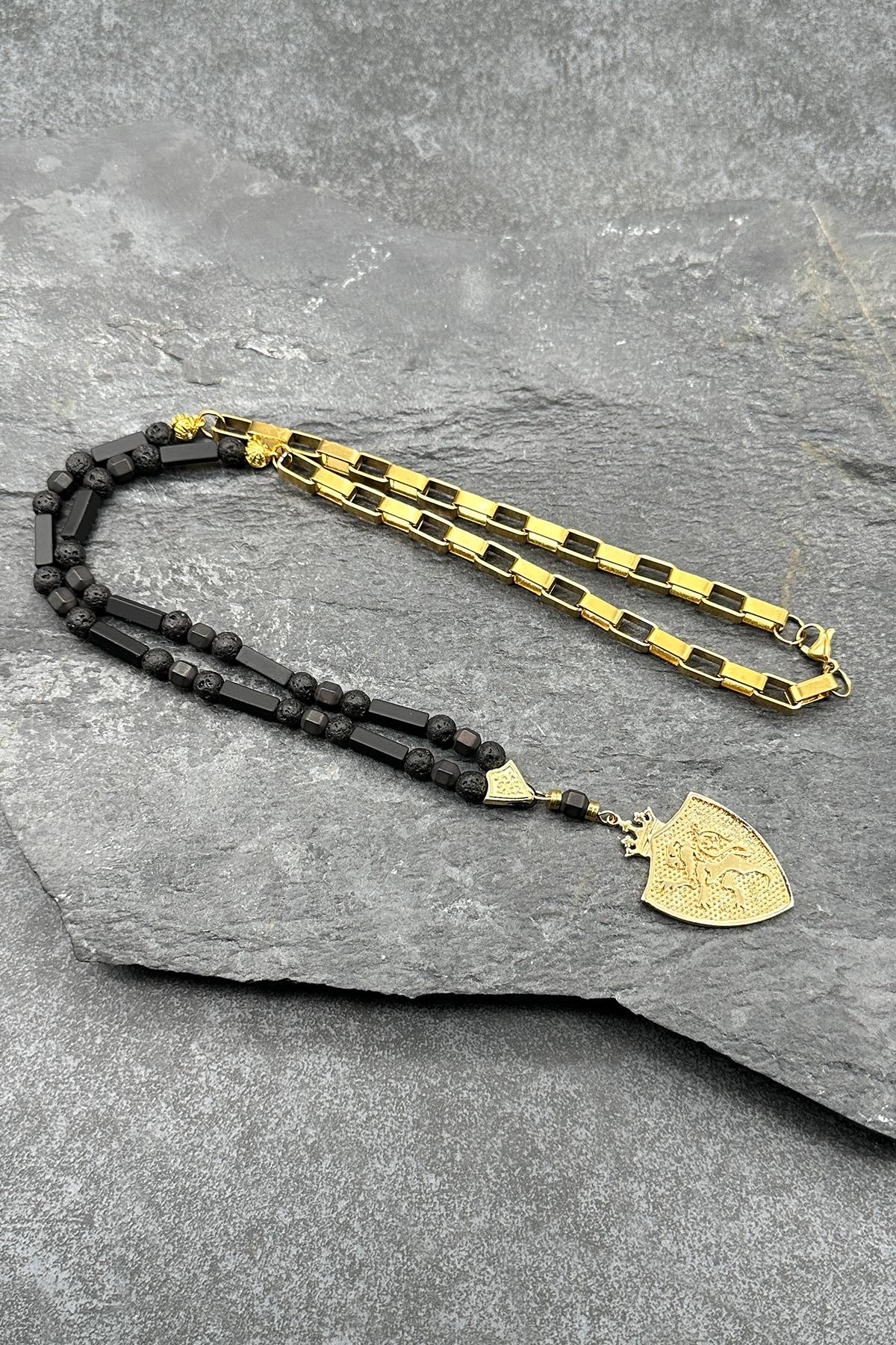 FRNCH 316L Çelik ve Lav Doğal Taşlı Altın Renkli Erkek Kolye FRJ30610-710-G