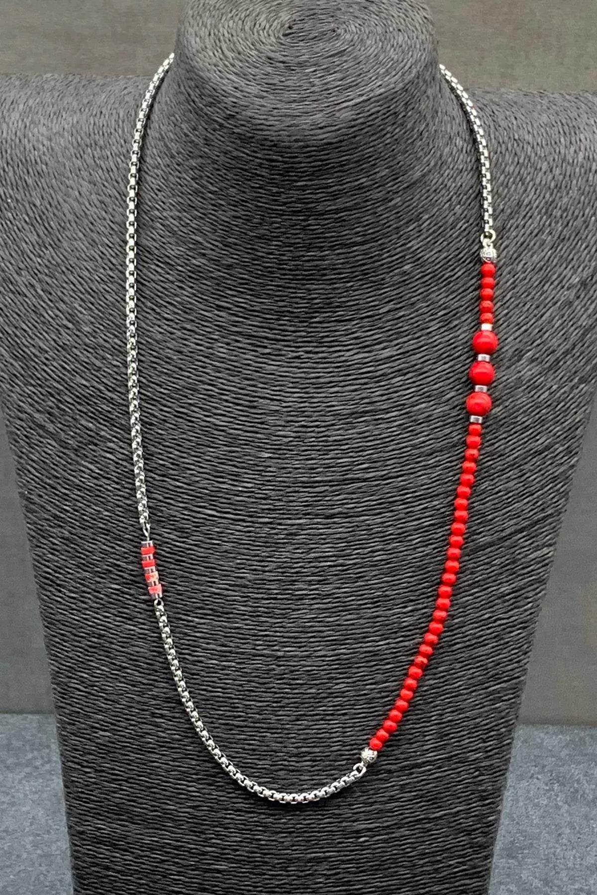 FRNCH 316L Çelik ve Mercan Doğal Taşlı Kırmızı Renkli Erkek Kolye FRJ30475-575-K2