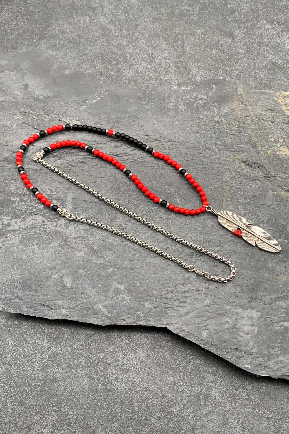 FRNCH 316L Çelik ve Mercan Doğal Taşlı Kırmızı Renkli Erkek Kolye FRJ30501-601-K