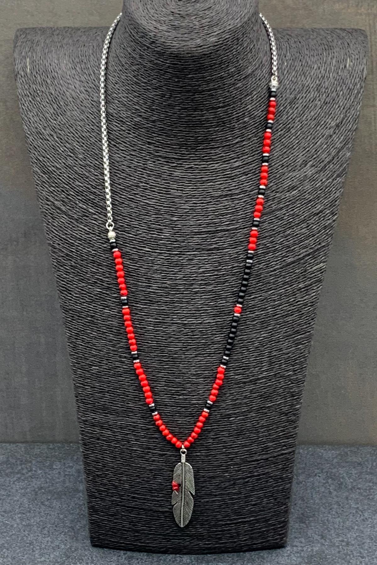 FRNCH 316L Çelik ve Mercan Doğal Taşlı Kırmızı Renkli Erkek Kolye FRJ30501-601-K