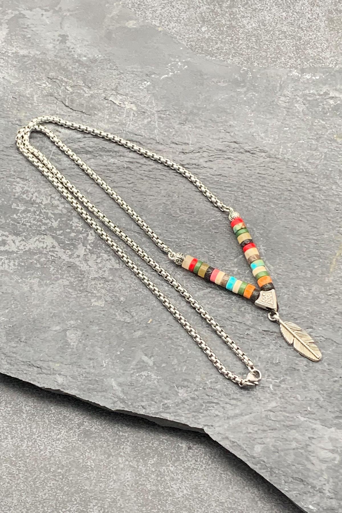 FRNCH 316L Çelik ve Mix Doğal Taşlı Çok Renkli Erkek Kolye FRJ30490-590-CK