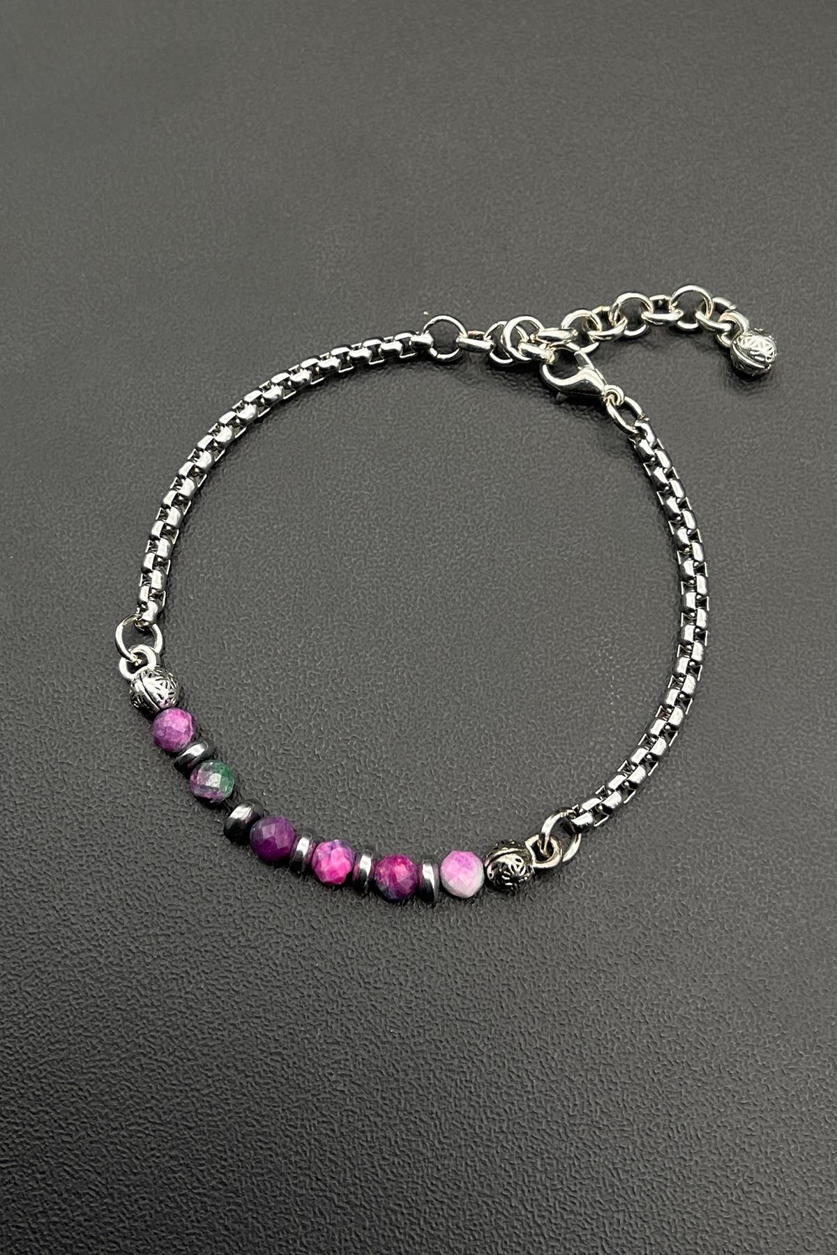 FRNCH 316L Çelik ve Ruby Zoisite Doğal Taşlı Pembe Renkli Erkek Bileklik FRJ11695-1795-P