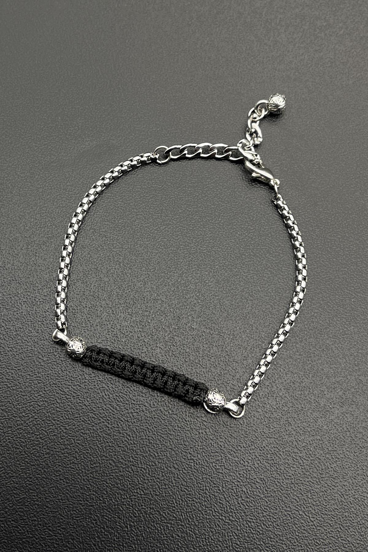 FRNCH 316L Çelik ve Siyah Renk İpli Ayarlanabilir Erkek Bileklik FRJ11716-1816-S