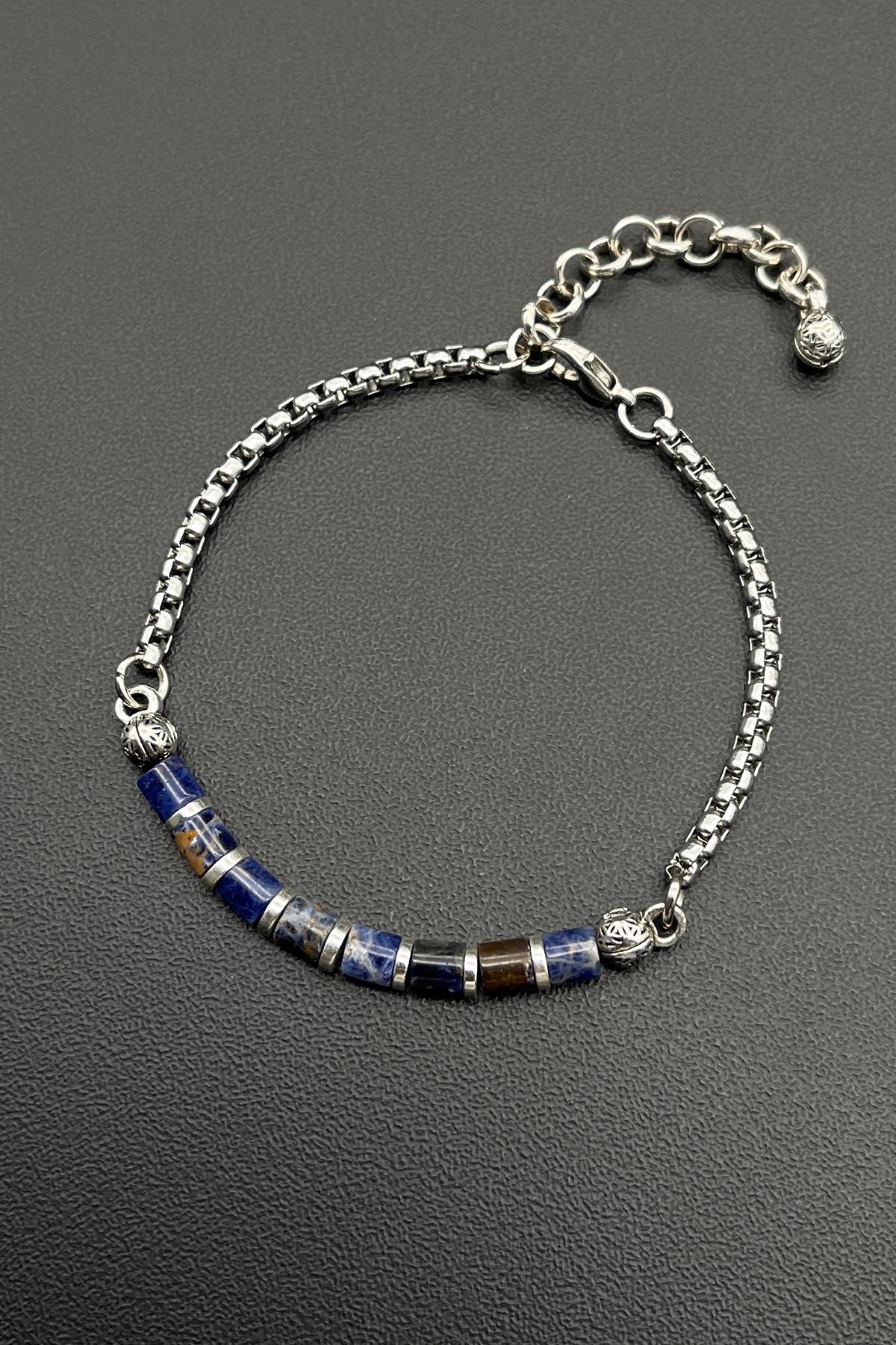 FRNCH 316L Çelik ve Sodalit Doğal Taşlı Lacivert Renkli Erkek Bileklik FRJ11695-1795-L