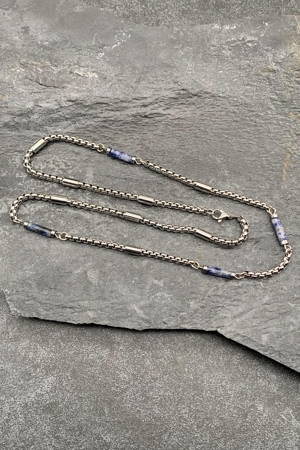 FRNCH 316L Çelik ve Sodalit Doğal Taşlı Mavi Renkli Erkek Kolye FRJ30511-611-M