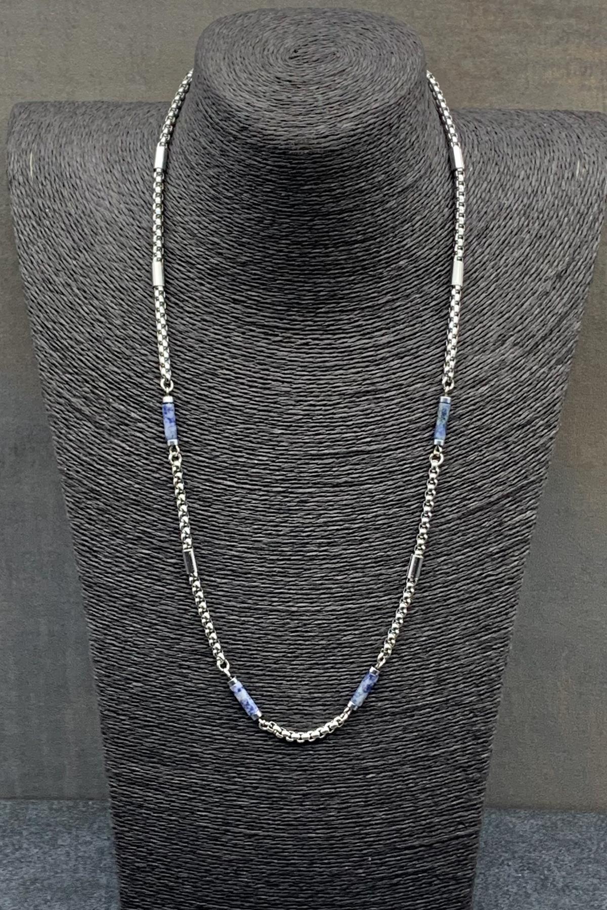 FRNCH 316L Çelik ve Sodalit Doğal Taşlı Mavi Renkli Erkek Kolye FRJ30511-611-M