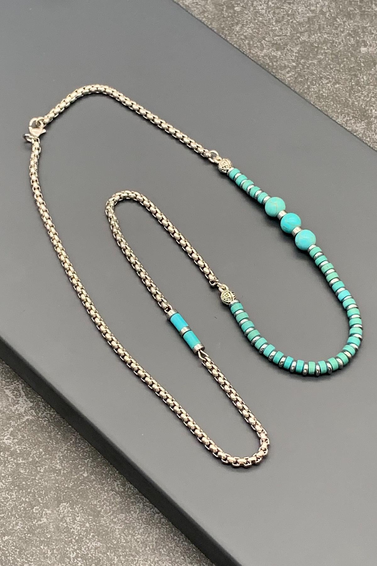 FRNCH 316L Çelik ve Turkuaz Doğal Taşlı Mavi Renkli Erkek Kolye FRJ30475-575-M