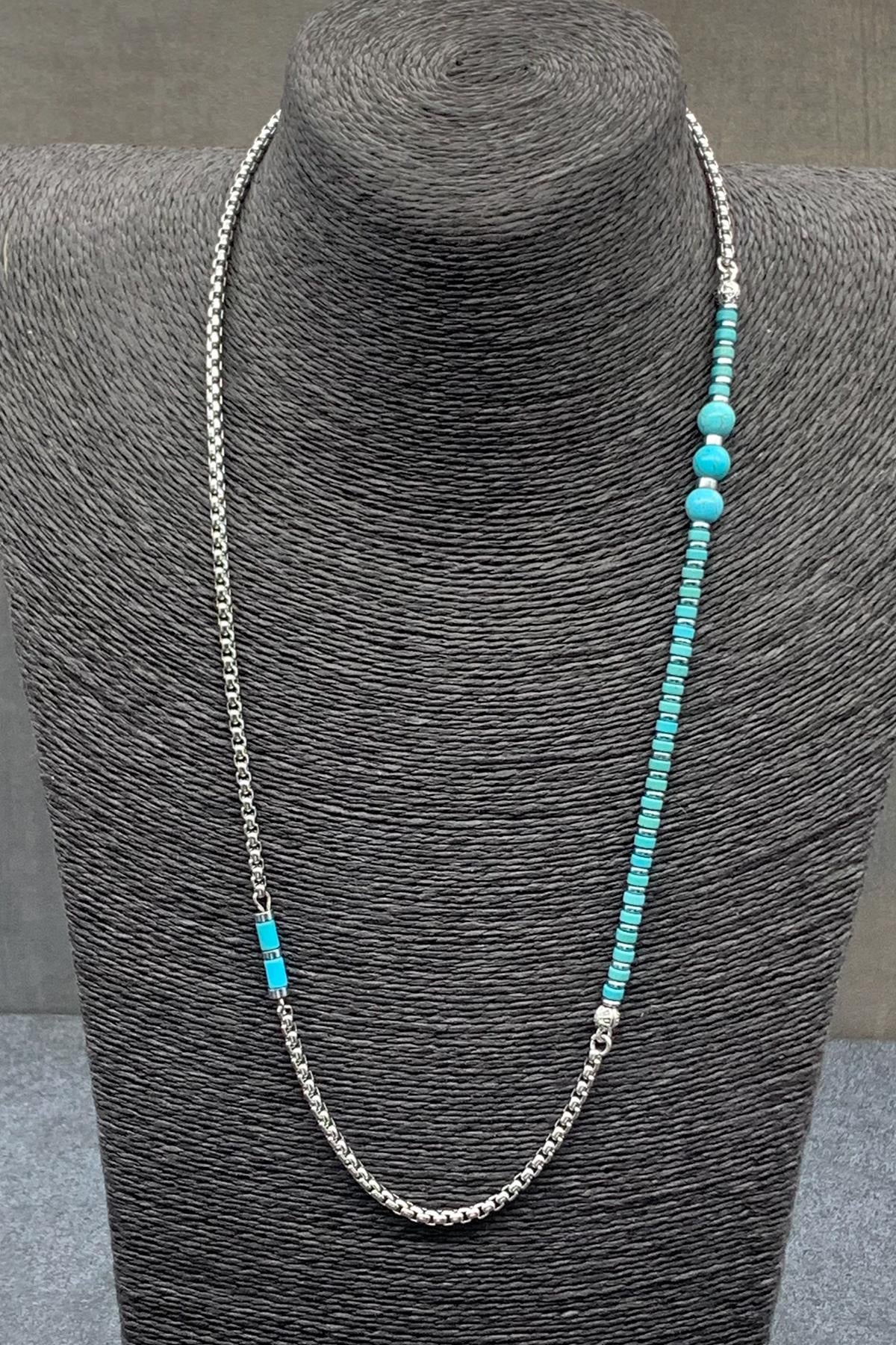 FRNCH 316L Çelik ve Turkuaz Doğal Taşlı Mavi Renkli Erkek Kolye FRJ30475-575-M