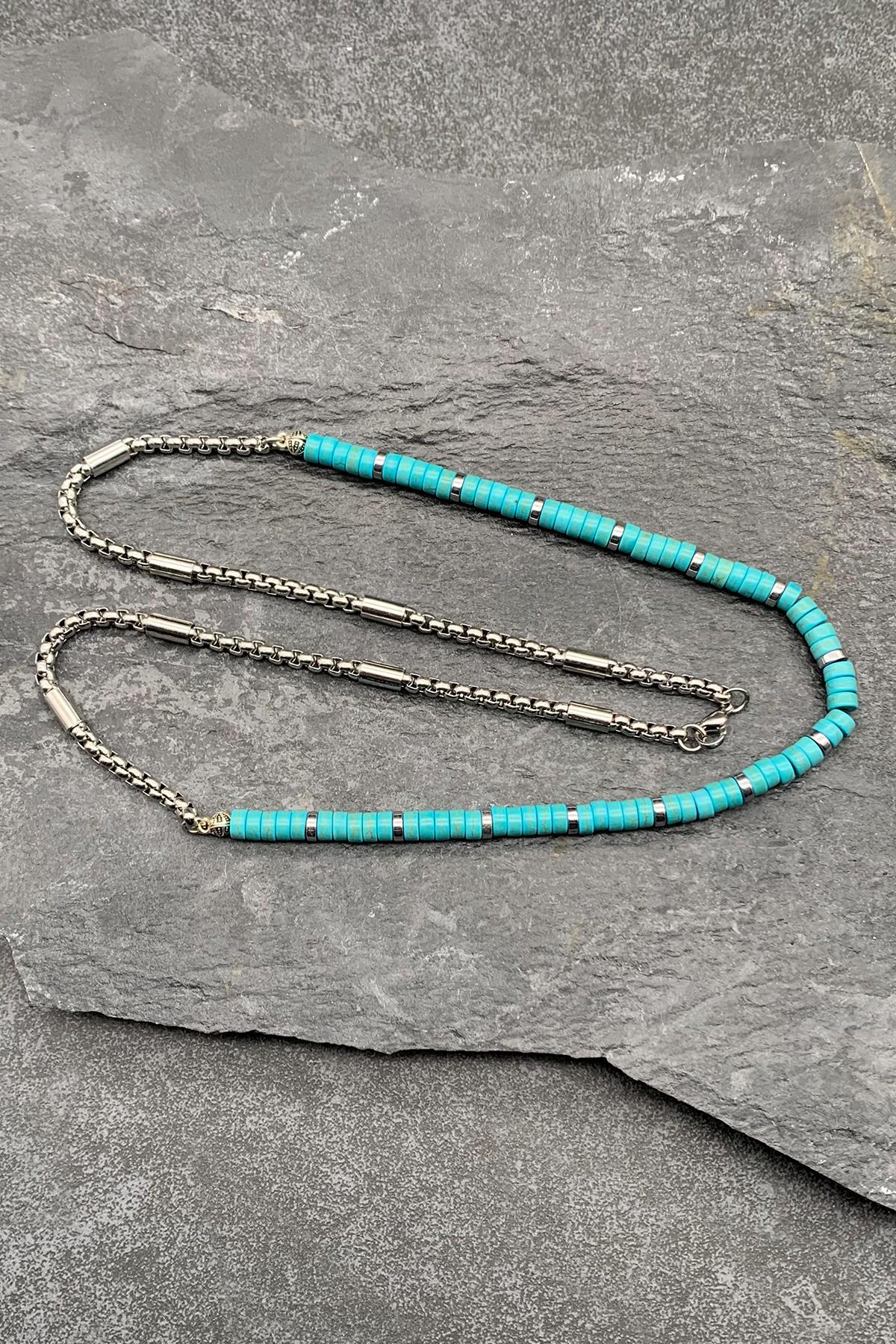 FRNCH 316L Çelik ve Turkuaz Doğal Taşlı Turkuaz Renkli Erkek Kolye FRJ30510-610-M