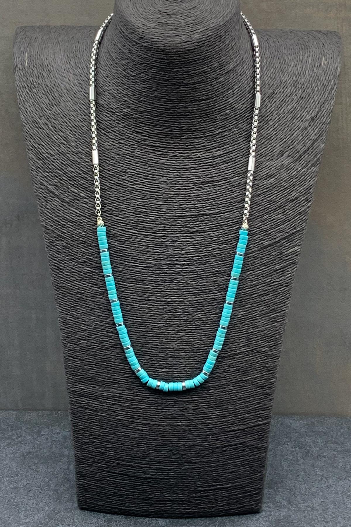 FRNCH 316L Çelik ve Turkuaz Doğal Taşlı Turkuaz Renkli Erkek Kolye FRJ30510-610-M