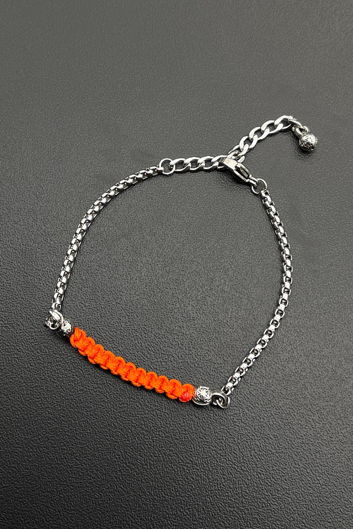 FRNCH 316L Çelik ve Turuncu Renk İpli Ayarlanabilir Erkek Bileklik FRJ11716-1816-T