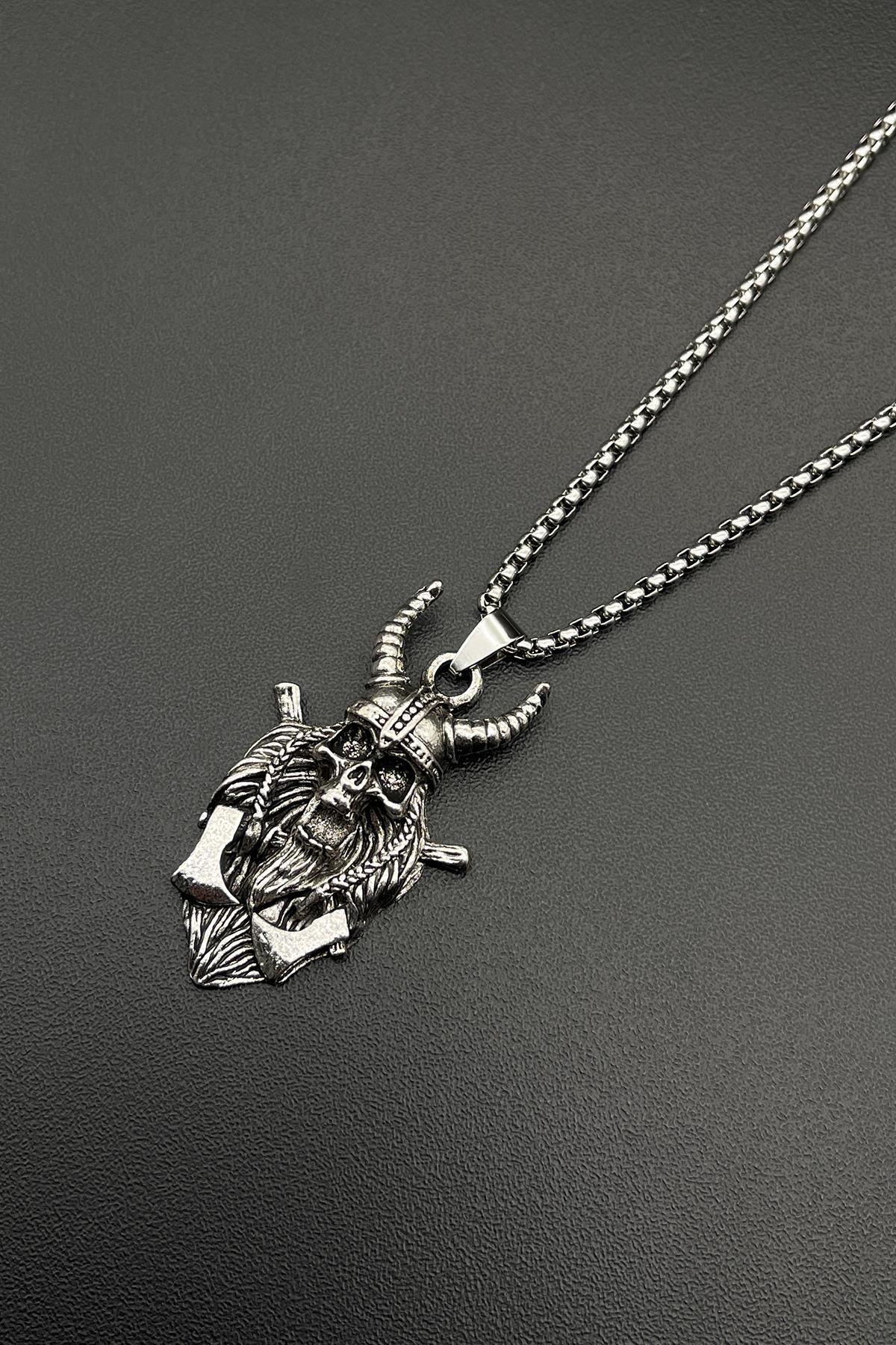 FRNCH 316L Çelik Viking Figürlü Gümüş Renkli Erkek Kolye FRJ30555-655-A