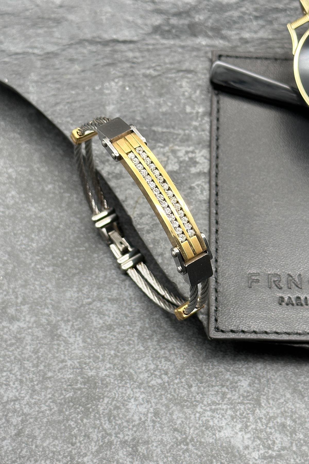FRNCH 316L Çelik Zirkon Taşlı İtalyan Model Altın Renkli Erkek Bileklik FRJ11724-1824-AG