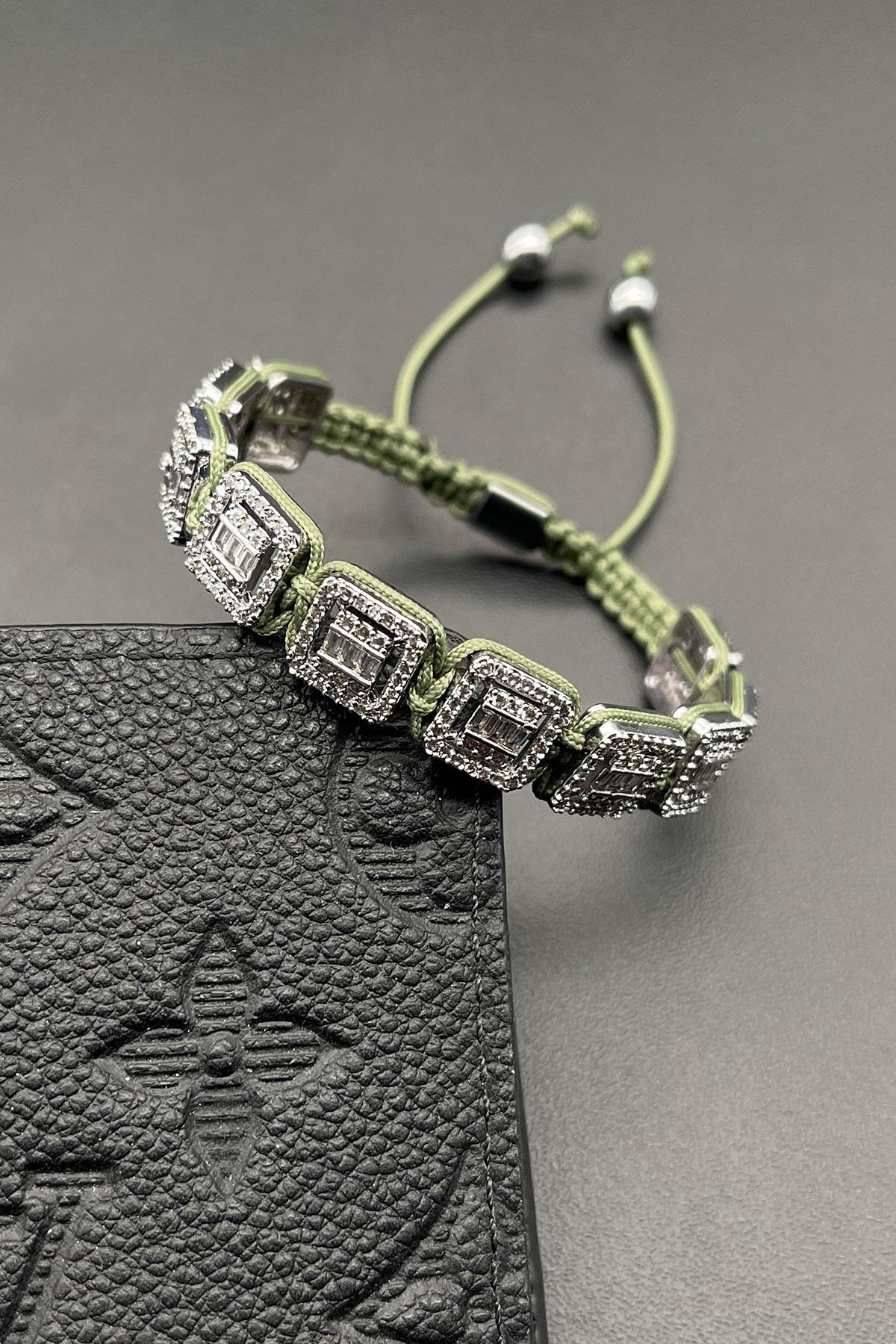 FRNCH 3A Kalite Baget Taşlı Haki Renk İpli Ayarlanabilir Erkek Bileklik FRJ11712-1812-H