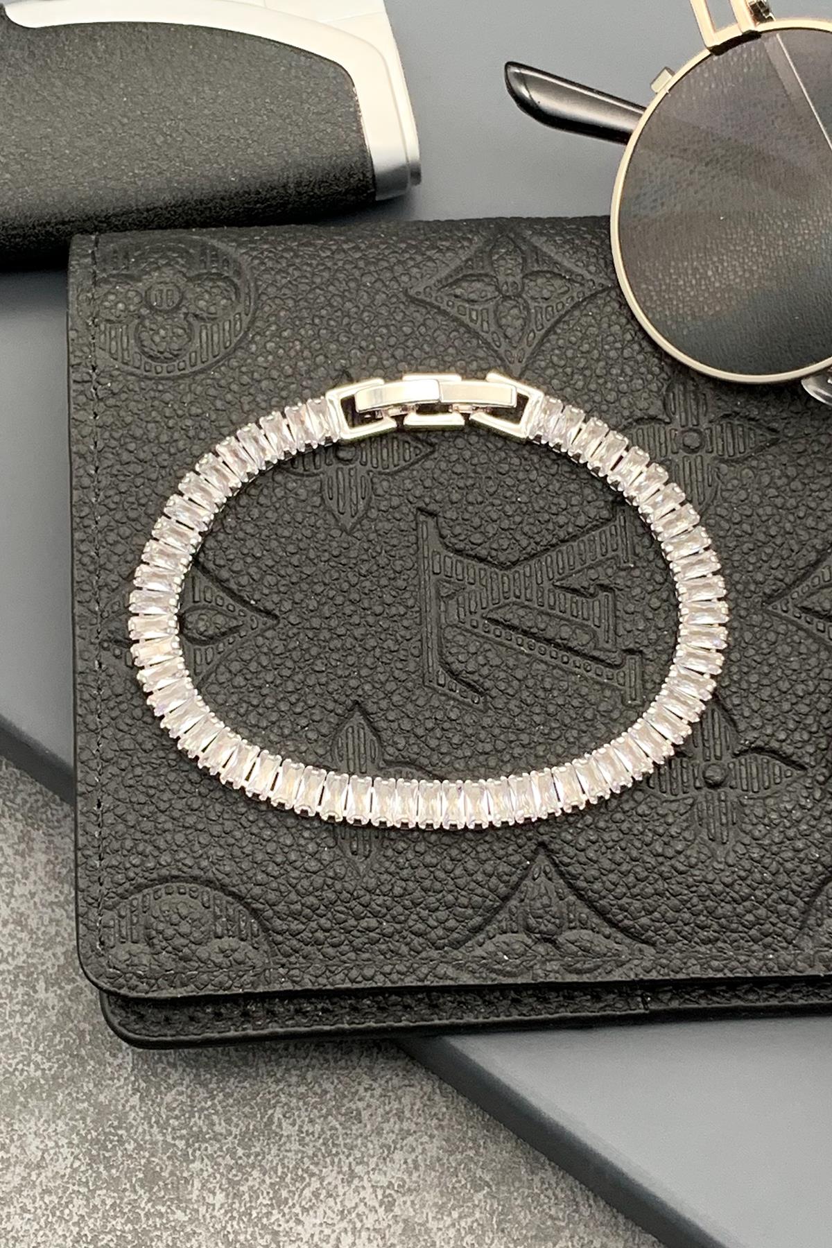 FRNCH 3A Kalite Baget Zirkon Taşlı Çift Kilitli Gümüş Renkli Tennis Erkek Bileklik FRJ11496-1596-A