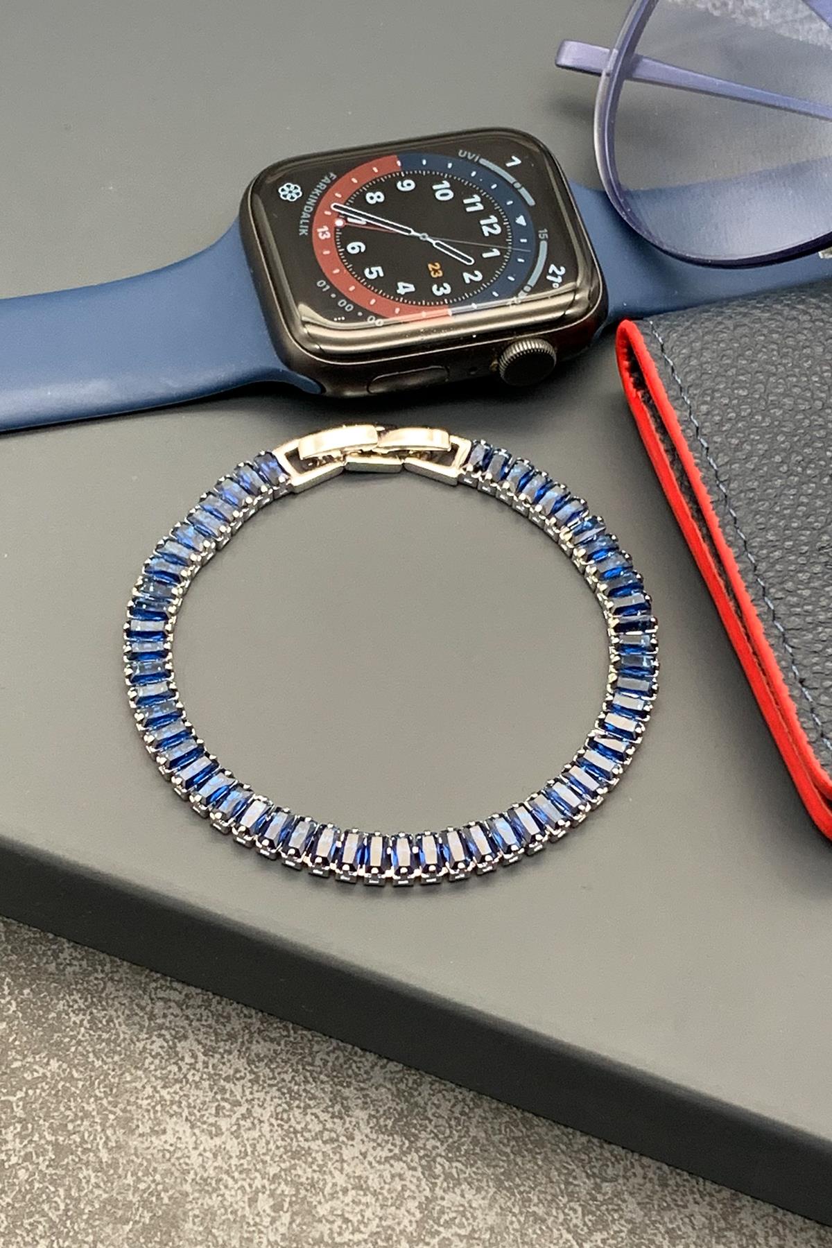 FRNCH 3A Kalite Baget Zirkon Taşlı Çift Kilitli Lacivert Renkli Tennis Erkek Bileklik FRJ11496-1596-L