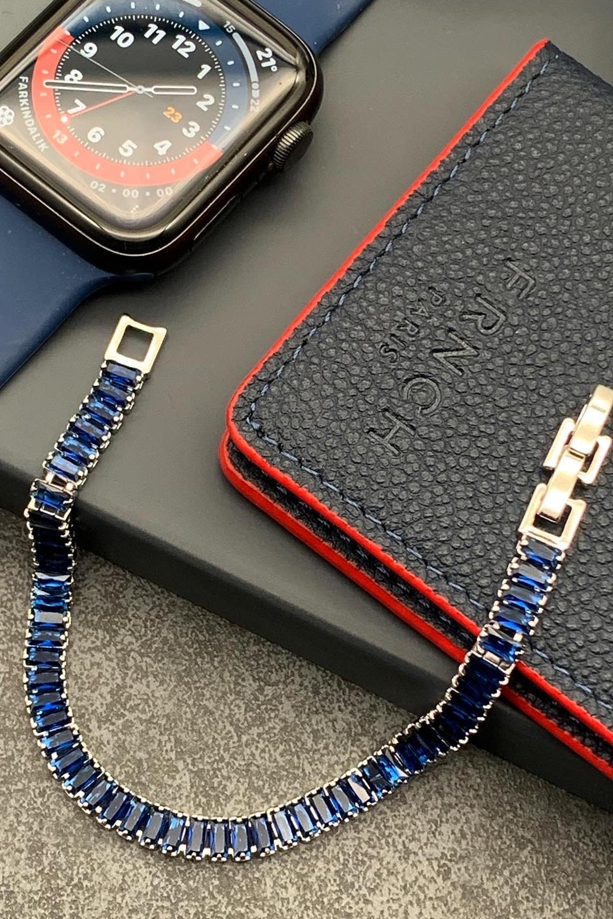 FRNCH 3A Kalite Baget Zirkon Taşlı Çift Kilitli Lacivert Renkli Tennis Erkek Bileklik FRJ11496-1596-L