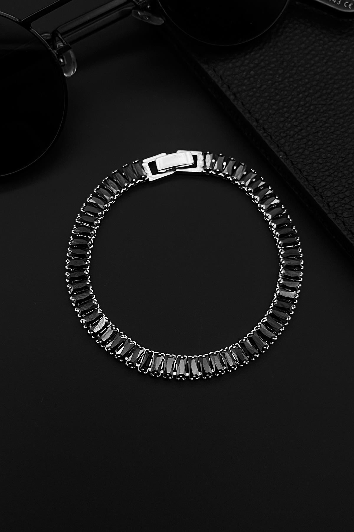 FRNCH 3A Kalite Baget Zirkon Taşlı Çift Kilitli Siyah Renkli Tennis Erkek Bileklik FRJ11496-1596-S