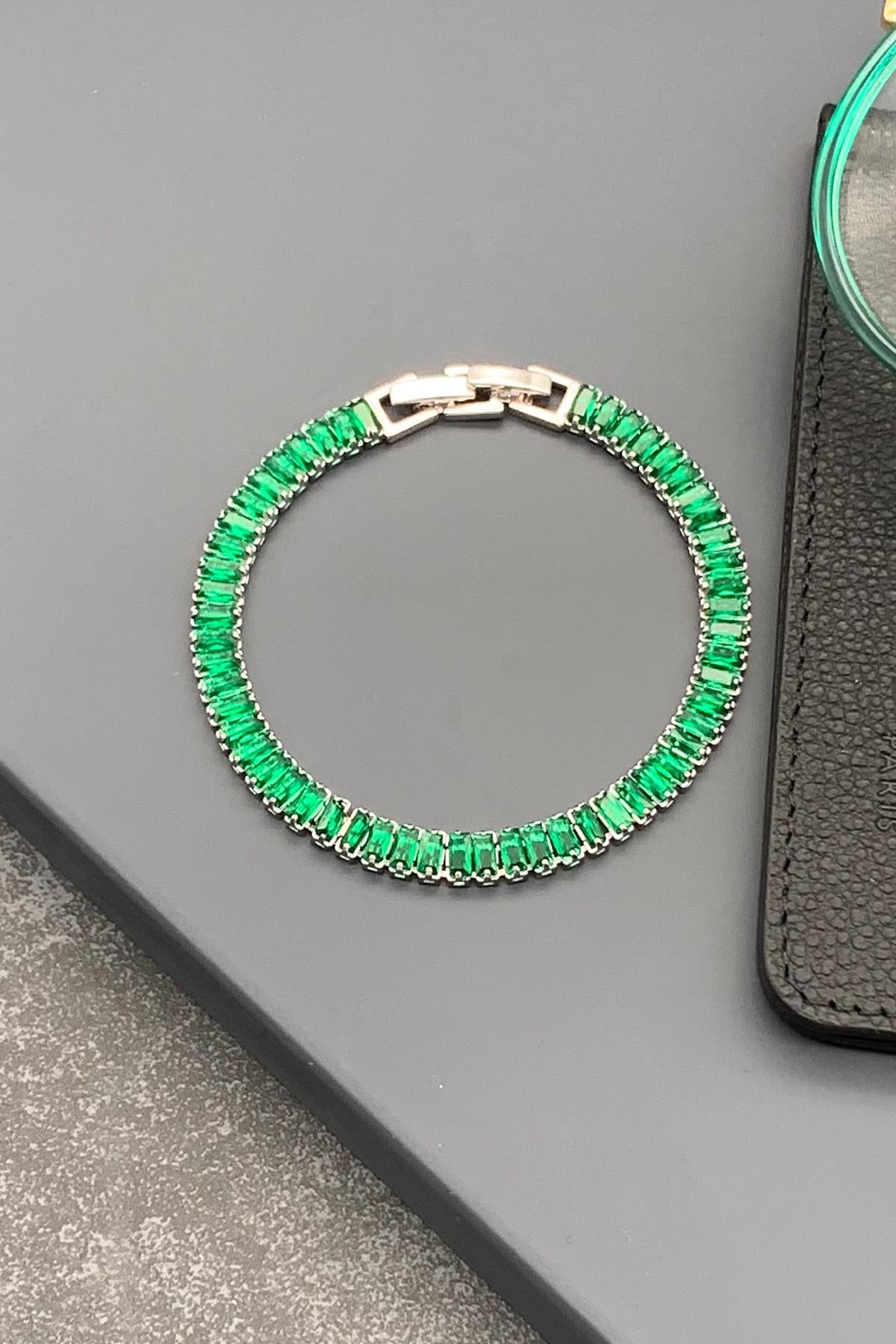 FRNCH 3A Kalite Baget Zirkon Taşlı Çift Kilitli Yeşil Renkli Tennis Erkek Bileklik FRJ11496-1596-Y