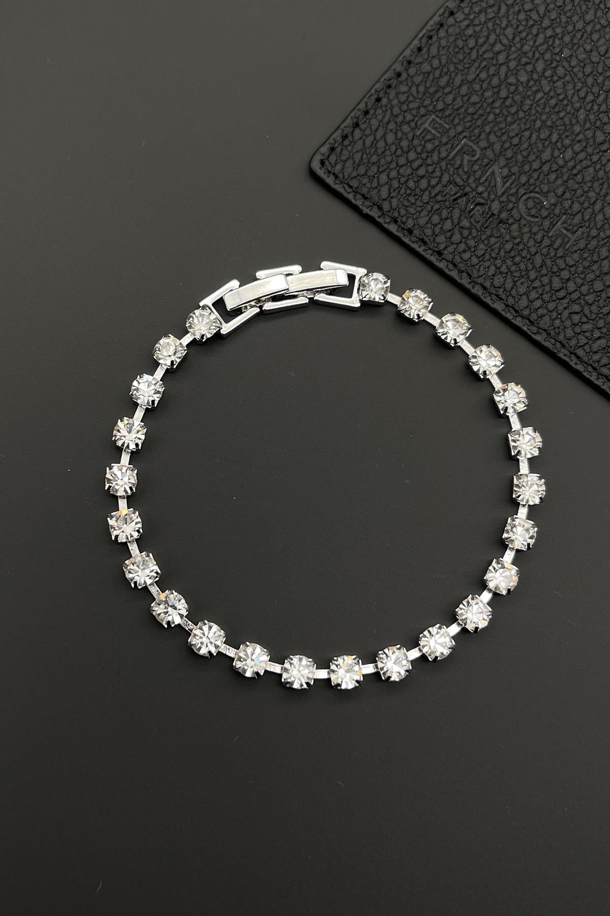 FRNCH 3A Kalite Zirkon Taşlı Çift Kilitli Beyaz Renkli Tennis Erkek Bileklik FRJ11611-1711-A