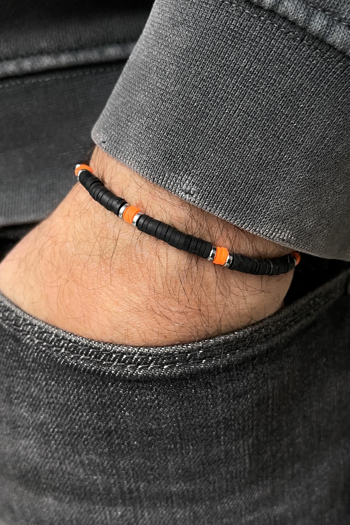 FRNCH 4MM Fimo Model Turuncu-Siyah Renkli Ayarlanabilir Makrome Erkek Bileklik FRJ11352-1452-ST