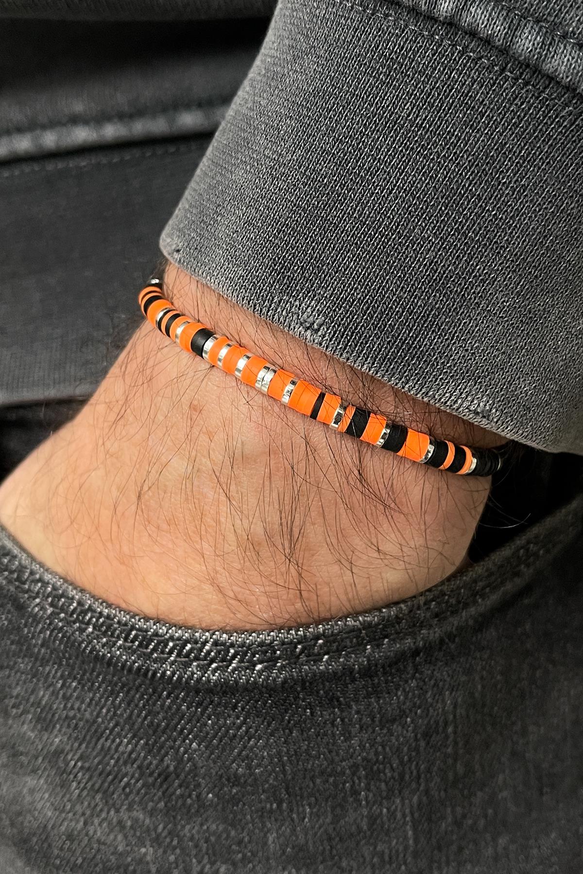 FRNCH 4MM Fimo Model Turuncu-Siyah Renkli Ayarlanabilir Makrome Erkek Bileklik FRJ11353-1453-ST