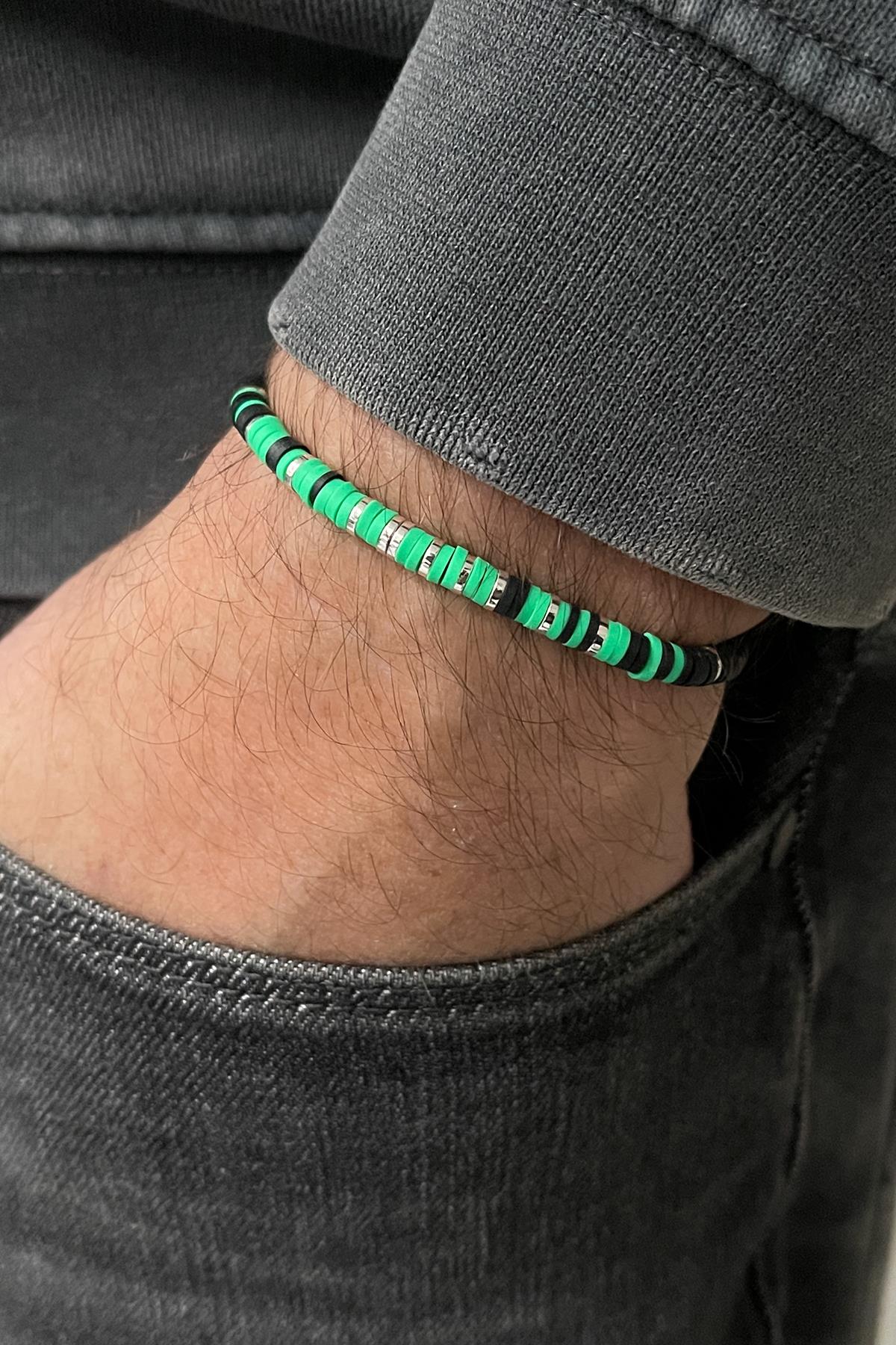 FRNCH 4MM Fimo Model Yeşil-Siyah Renkli Ayarlanabilir Makrome Erkek Bileklik FRJ11353-1453-SY