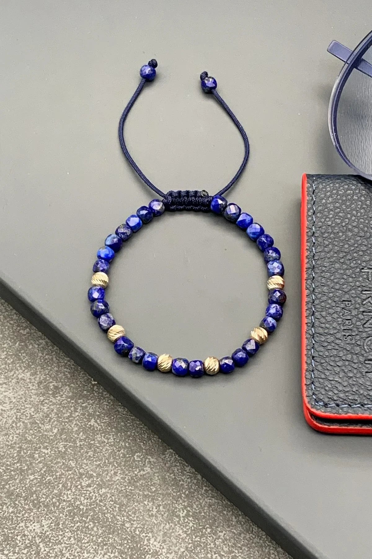 FRNCH 925 Ayar Gümüş Parçalı Lapis Lazuili Doğal Taşlı Lacivert Renkli Ayarlanabilir Makrome Erkek Bileklik FRJ11516-1616-L