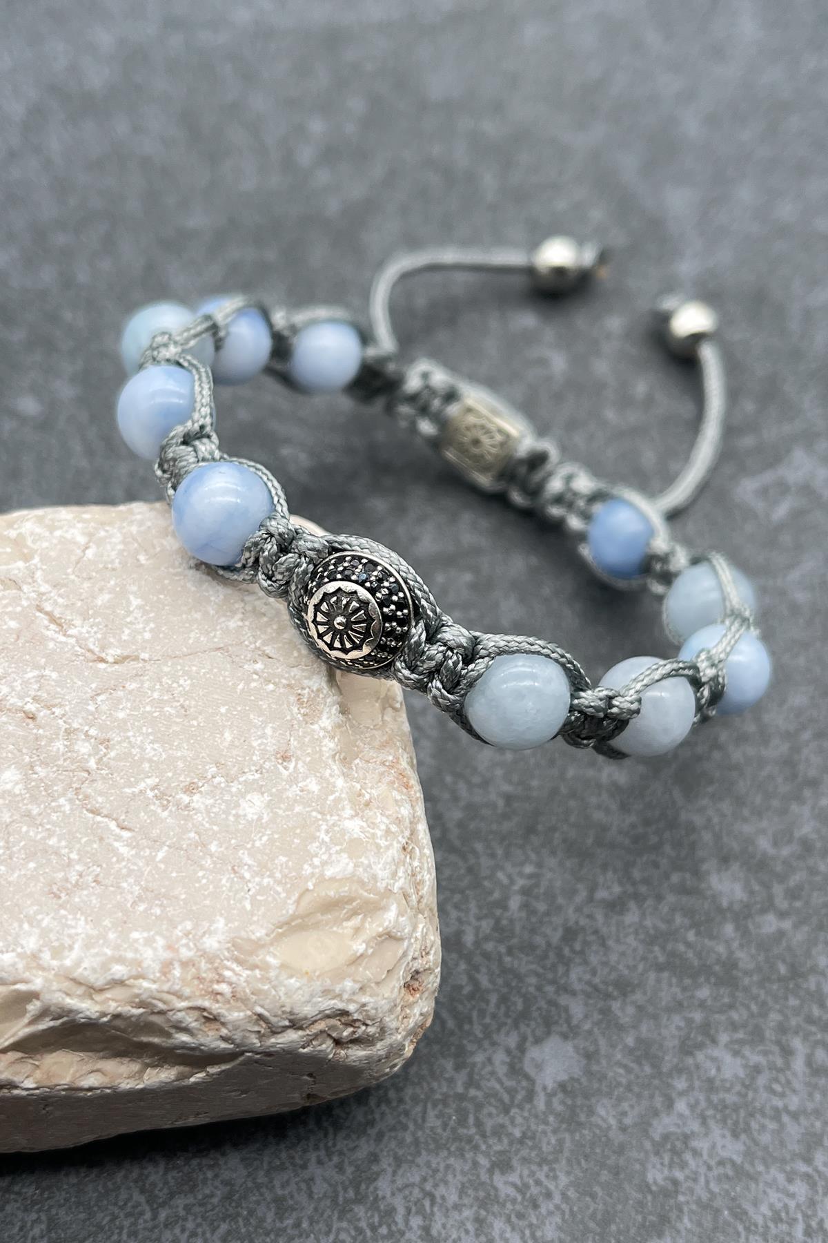 FRNCH Aquamarine Taşlı Kubbe Model Zirkon Taşlı Mavi Renkli Ayarlanabilir Makrome Erkek Bileklik FRJ11441-1541-M