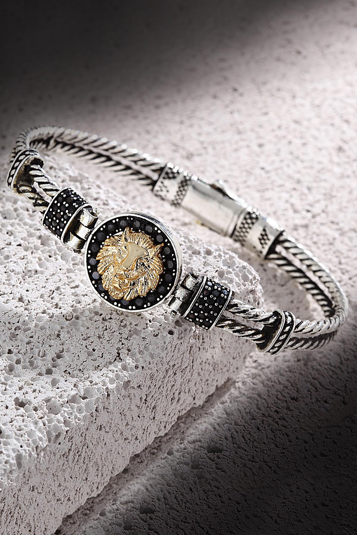 FRNCH Aslan Detaylı Zirkon Taşlı Çift Renk Handmade Erkek Bileklik FRJ11168-1268-A2G