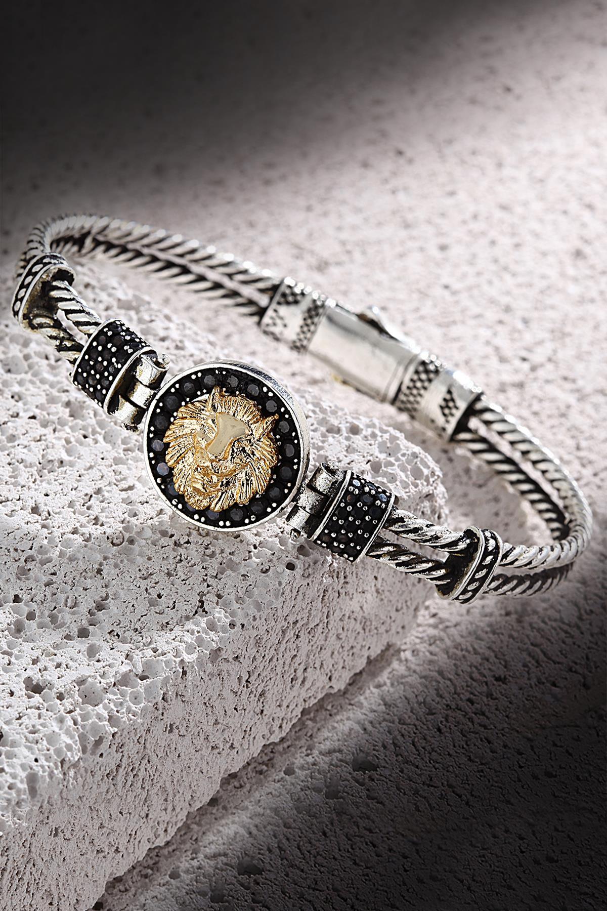 FRNCH Aslan Detaylı Zirkon Taşlı Çift Renk Handmade Erkek Bileklik FRJ11168-1268-A2G