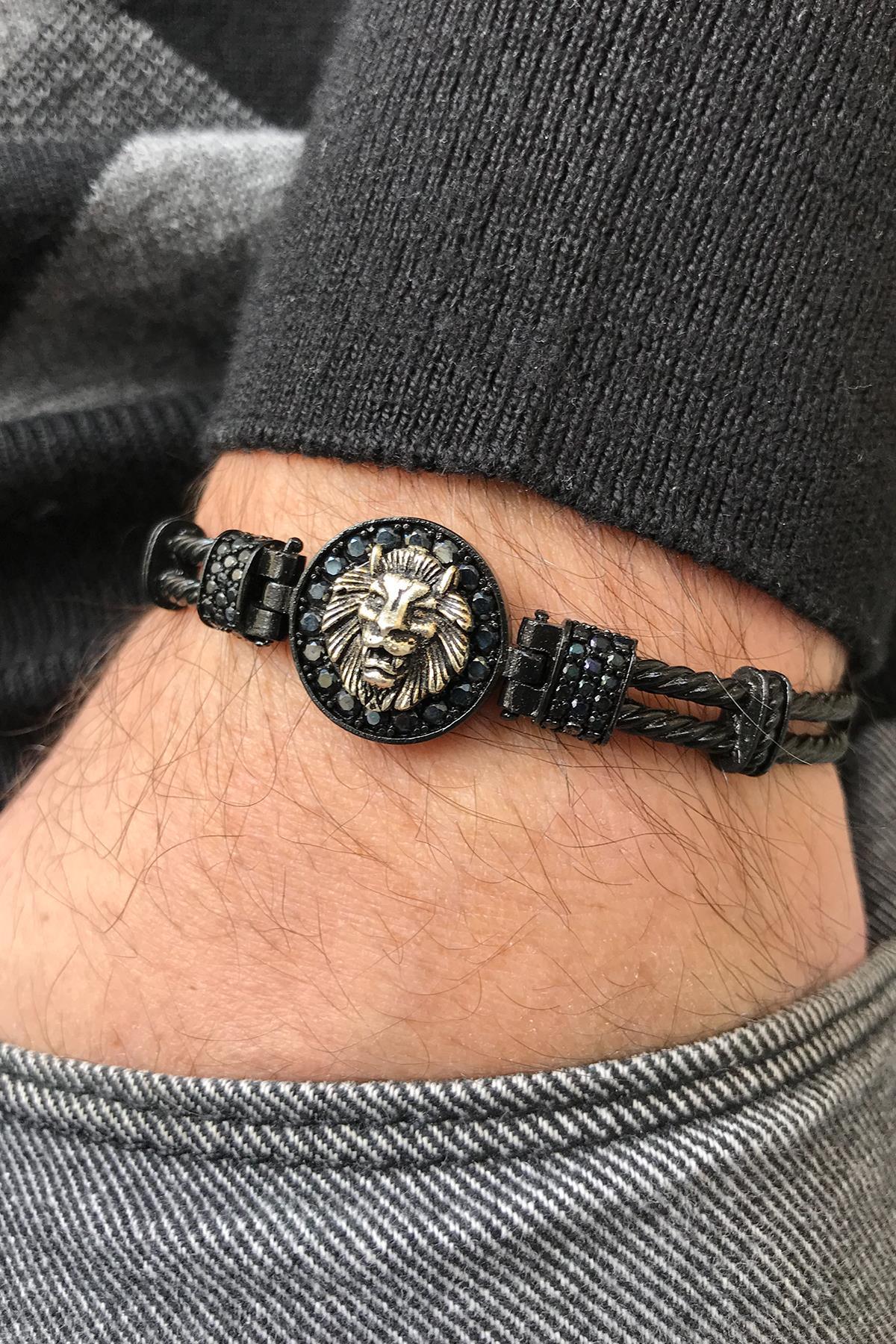 FRNCH Aslan Detaylı Zirkon Taşlı Çift Renk Handmade Erkek Bileklik FRJ11168-1268-B2A2