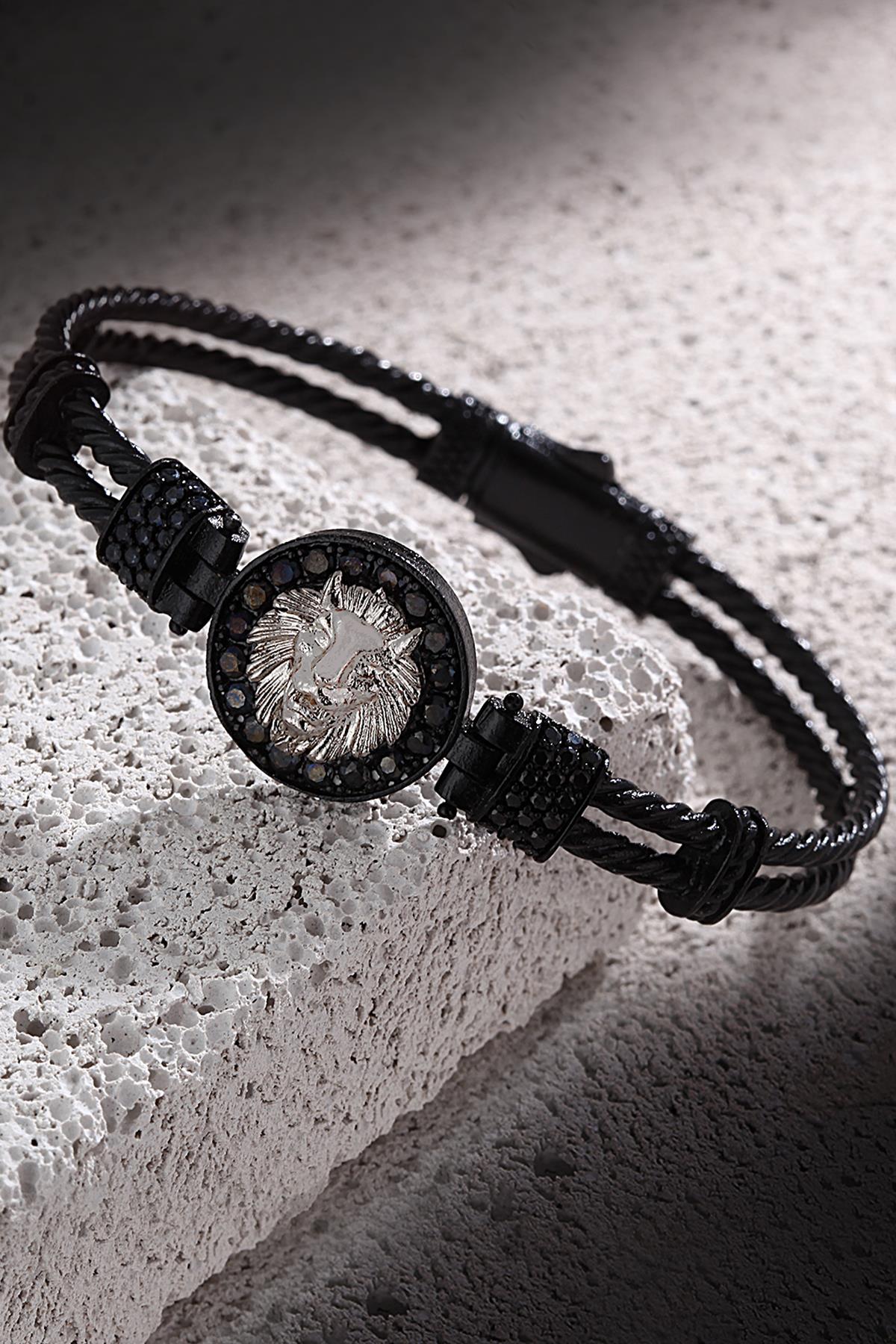 FRNCH Aslan Detaylı Zirkon Taşlı Çift Renk Handmade Erkek Bileklik FRJ11168-1268-B2B