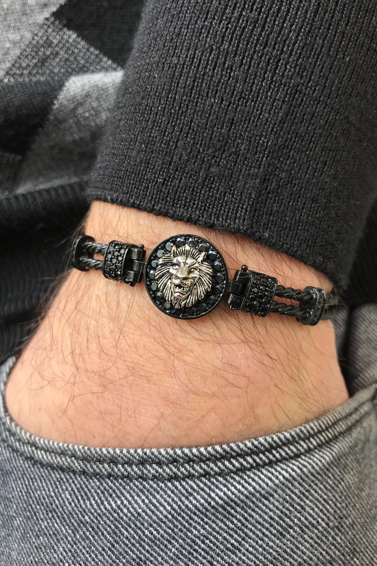 FRNCH Aslan Detaylı Zirkon Taşlı Çift Renk Handmade Erkek Bileklik FRJ11168-1268-B2B
