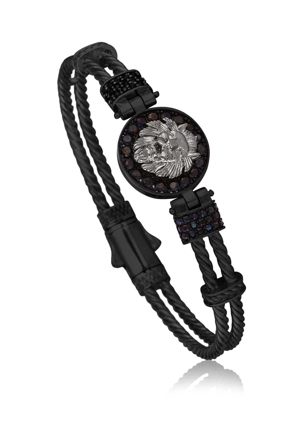 FRNCH Aslan Detaylı Zirkon Taşlı Çift Renk Handmade Erkek Bileklik FRJ11168-1268-B2B