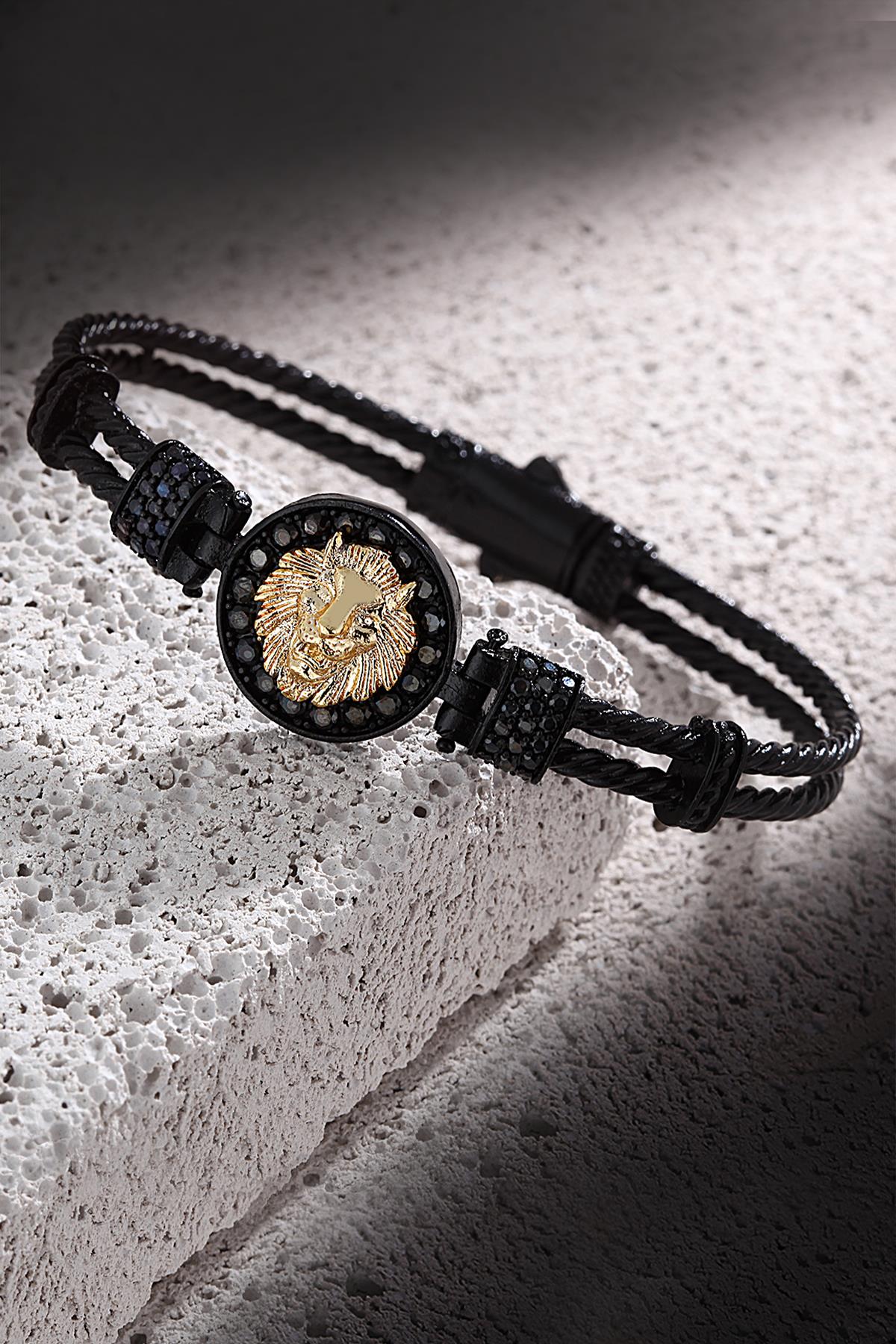 FRNCH Aslan Detaylı Zirkon Taşlı Çift Renk Handmade Erkek Bileklik FRJ11168-1268-B2G