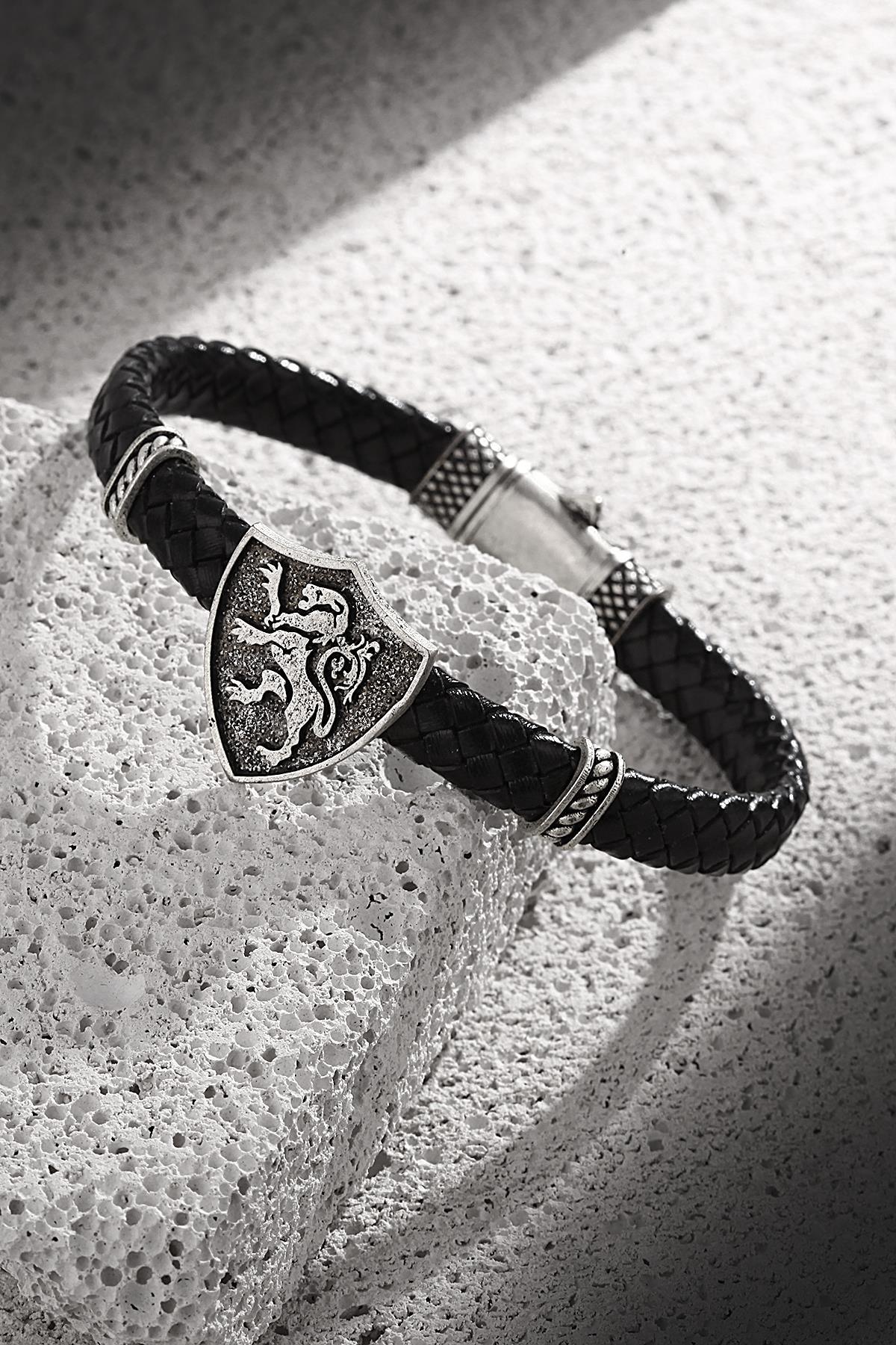 FRNCH Aslan Figürlü Antik Gümüş Renk Gerçek Derili Erkek Bileklik FRJ11219-1319-A2