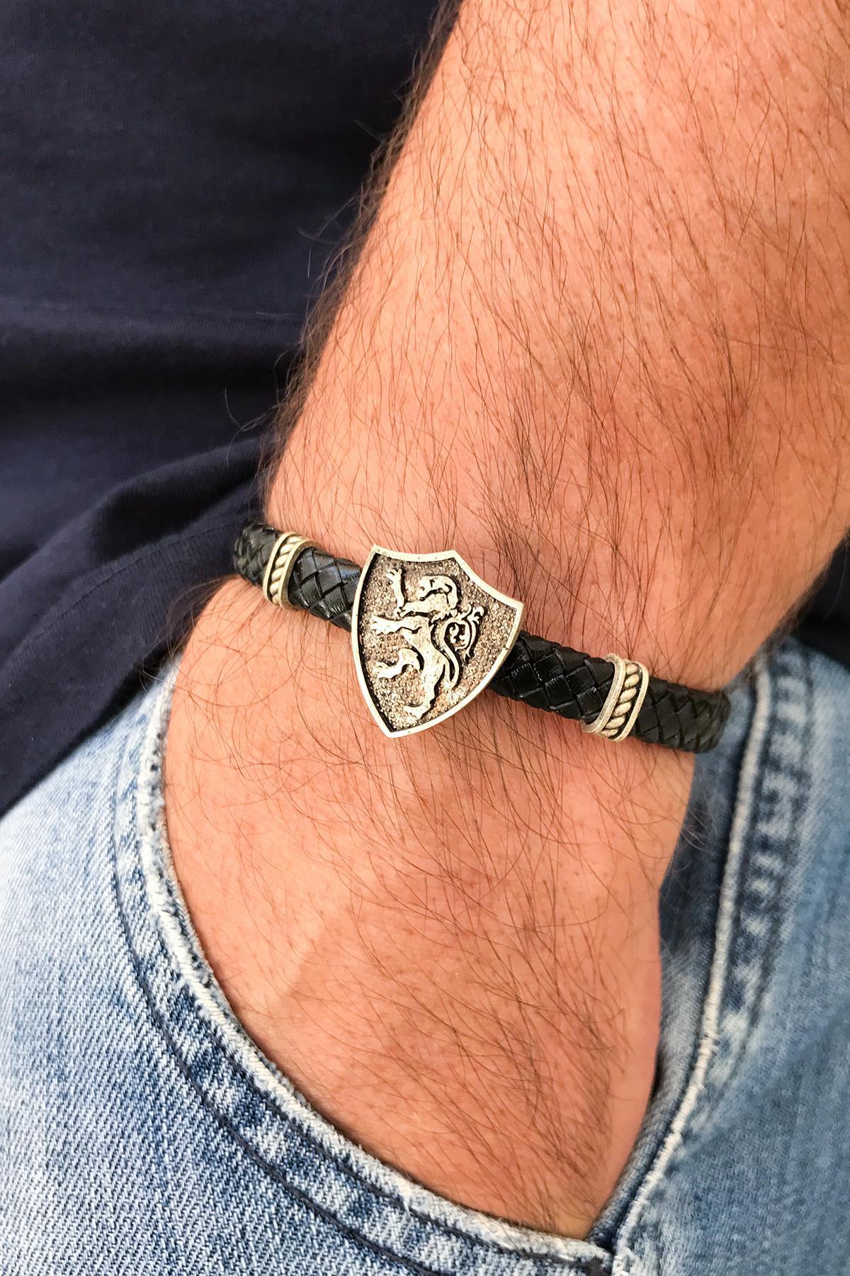 FRNCH Aslan Figürlü Antik Gümüş Renk Gerçek Derili Erkek Bileklik FRJ11219-1319-A2