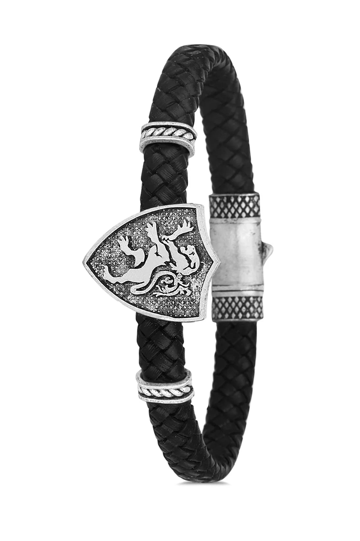 FRNCH Aslan Figürlü Antik Gümüş Renk Gerçek Derili Erkek Bileklik FRJ11219-1319-A2