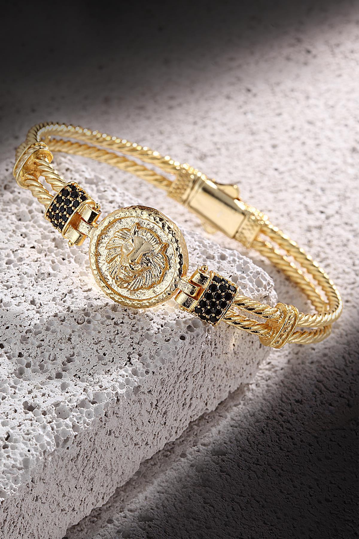 FRNCH Aslan Figürlü Gold Handmade Erkek Bileklik FRJ11170-1270-G