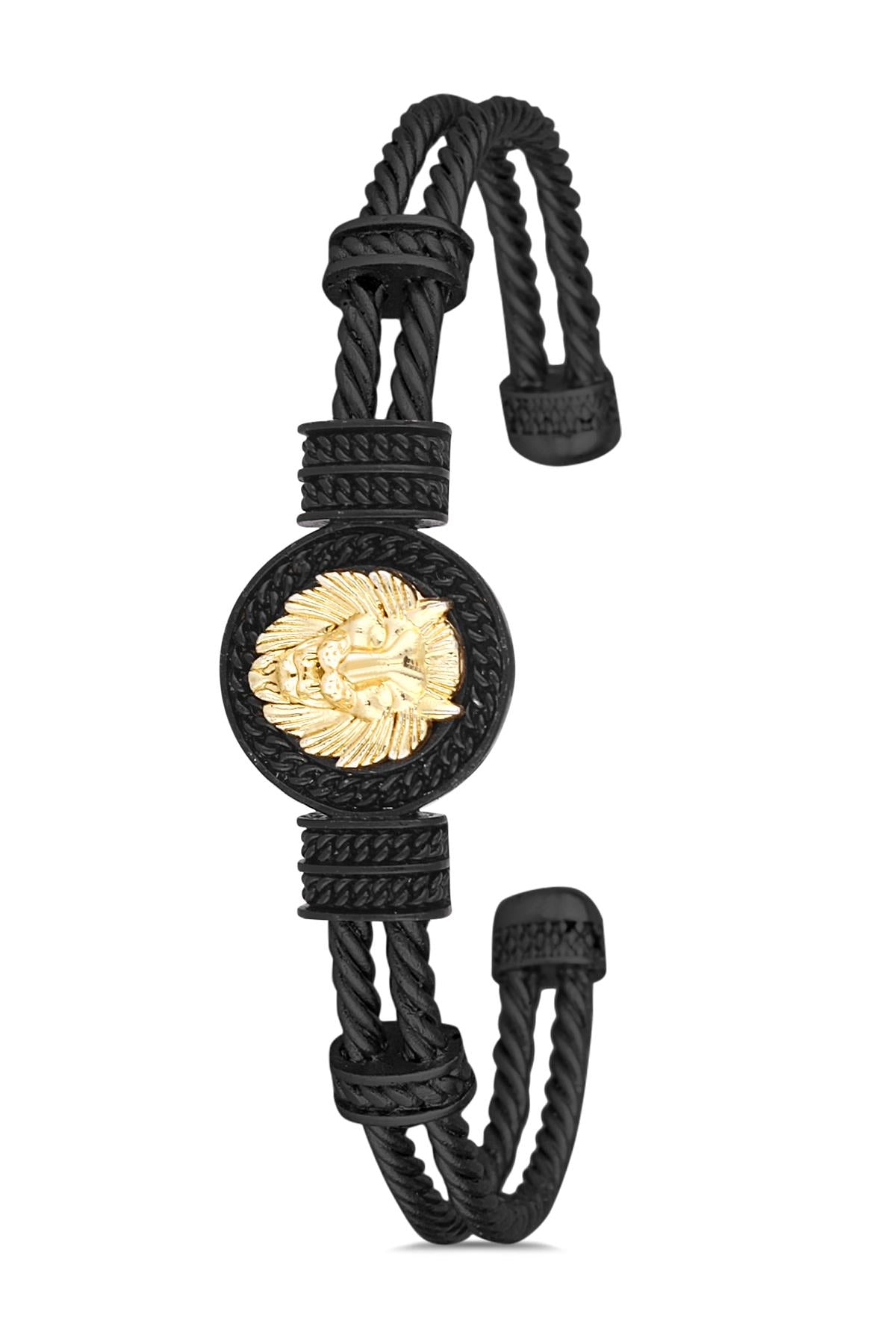 FRNCH Aslan Figürlü Siyah-Gold Renkli Erkek Bileklik FRJ11270-1370-B2G