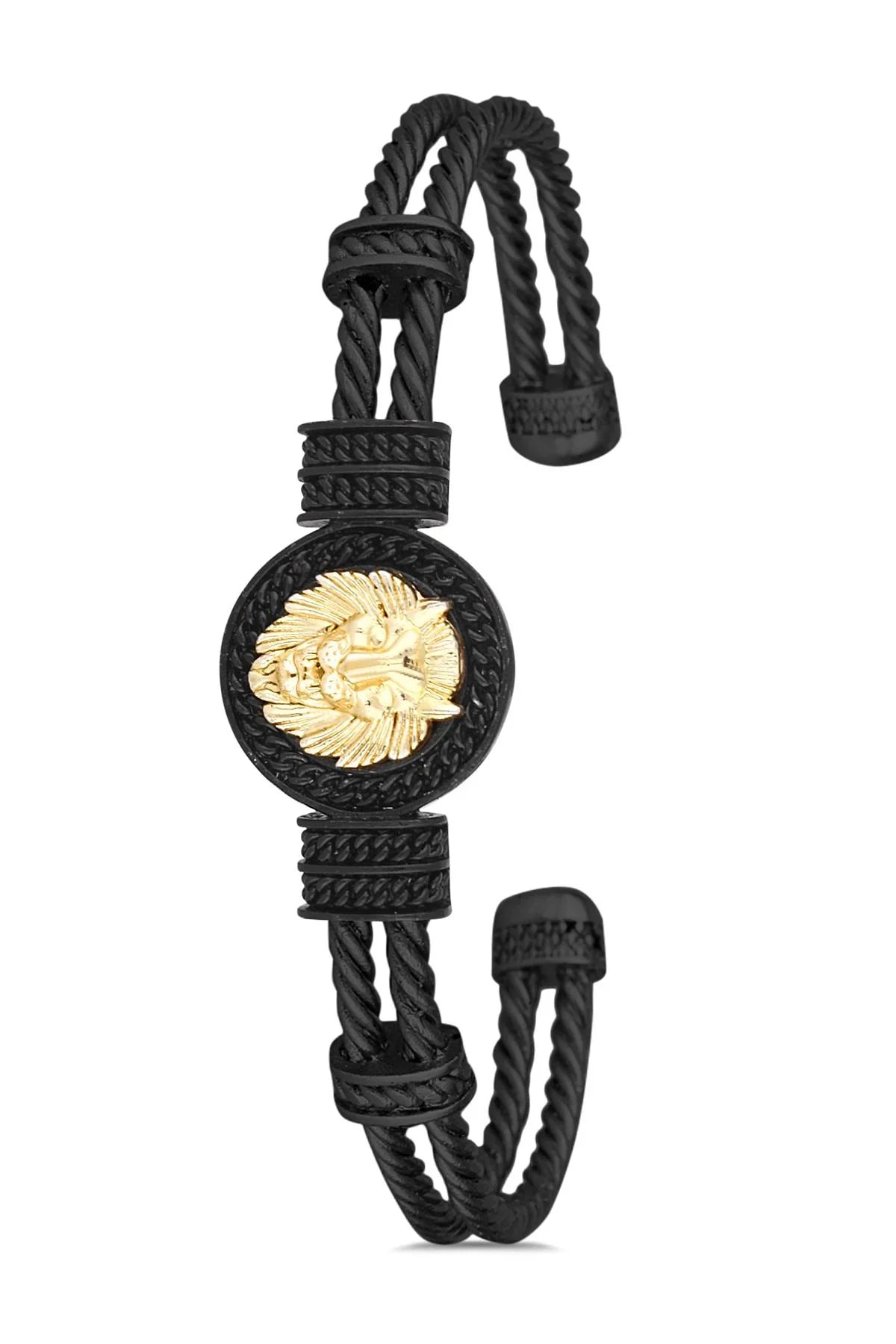 FRNCH Aslan Figürlü Siyah-Gold Renkli Erkek Bileklik FRJ11270-1370-B2G