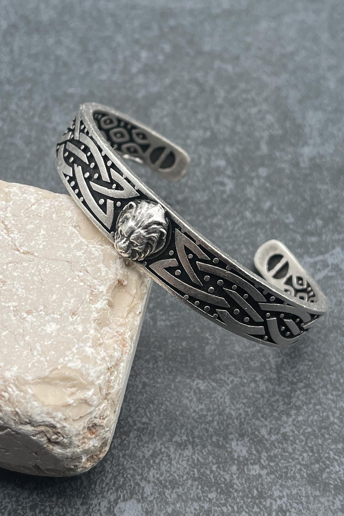 FRNCH Aslan Figürlü Viking Desenli Antik Gümüş Renkli Erkek Bileklik FRJ11429-1529-A2