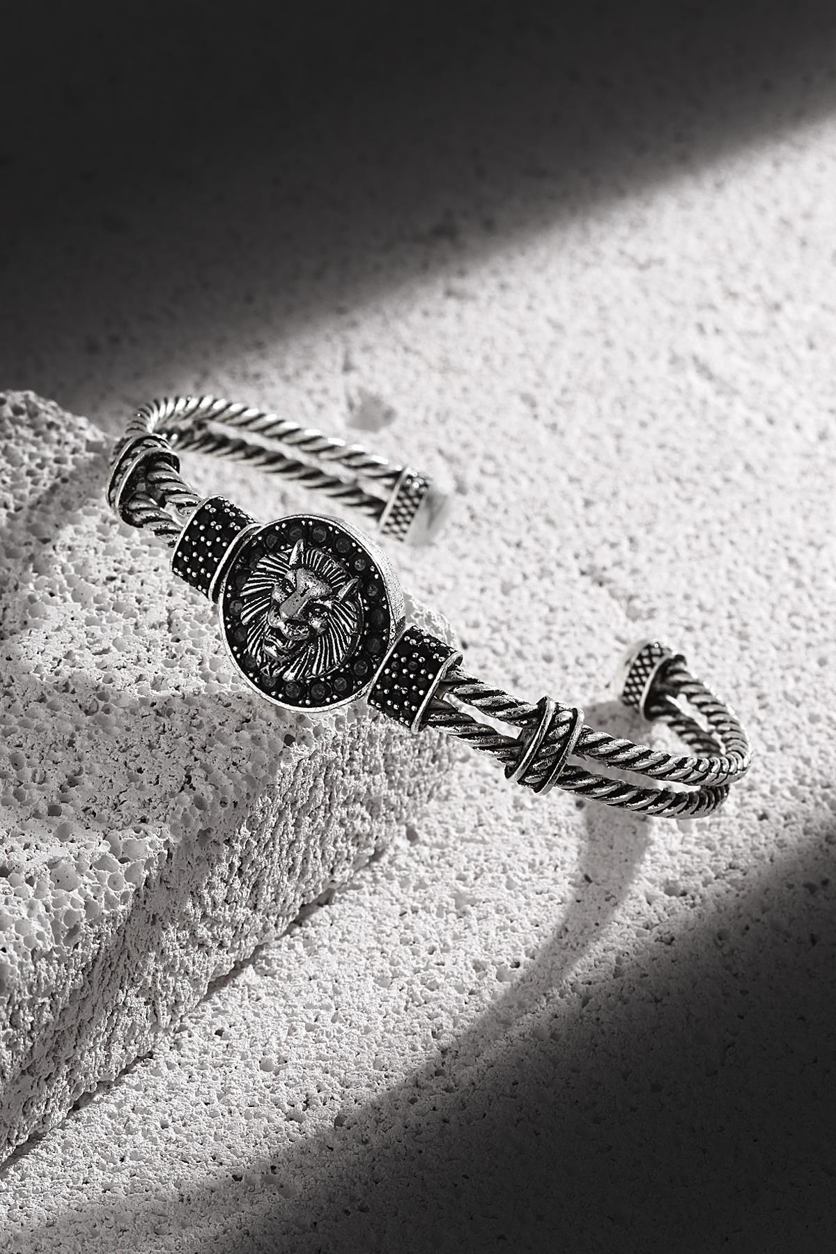 FRNCH Aslan Figürlü Zirkon Taşlı Antik Gümüş Renkli Handmade Kelepçe Erkek Bileklik FRJ11173-1273-A2